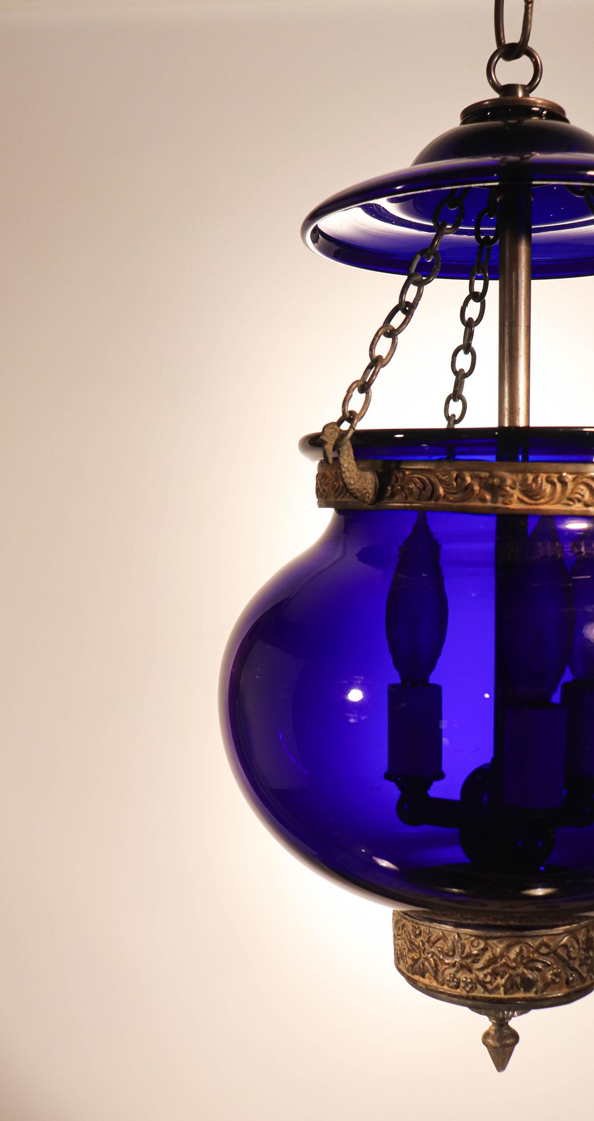 English Antique Cobalt Blue Globe Bell Jar Lantern
