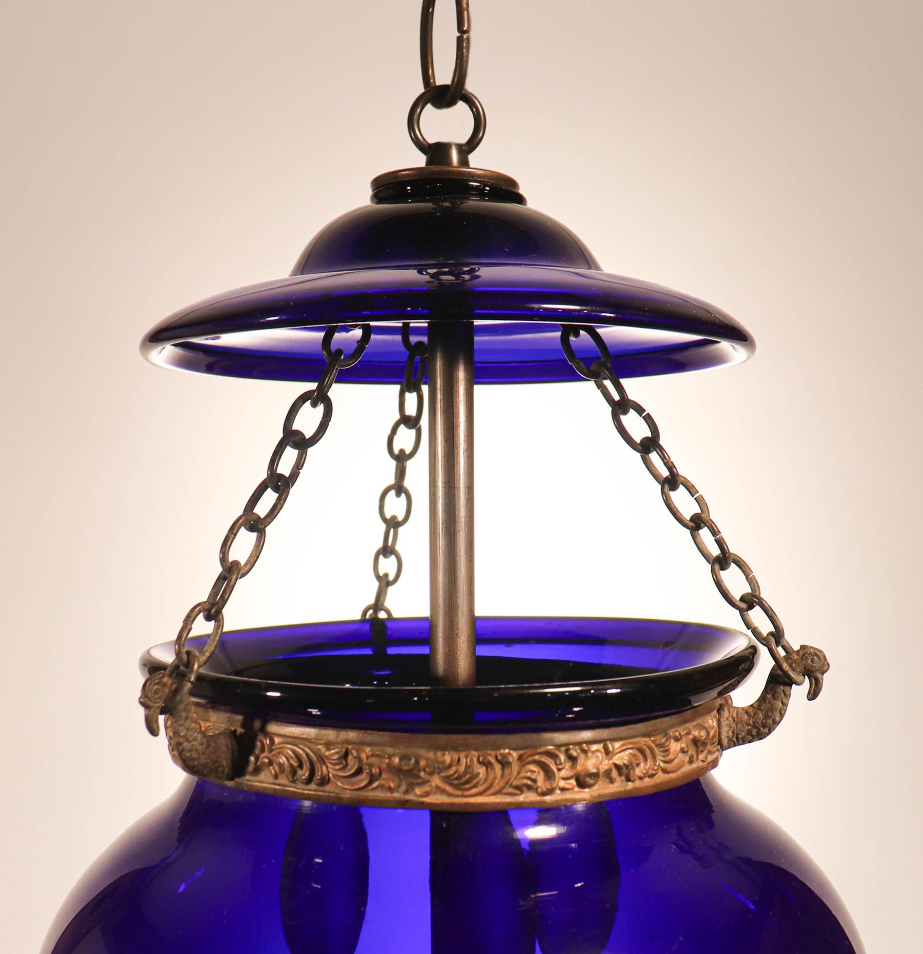 Antique Cobalt Blue Globe Bell Jar Lantern In Good Condition In Heath, MA
