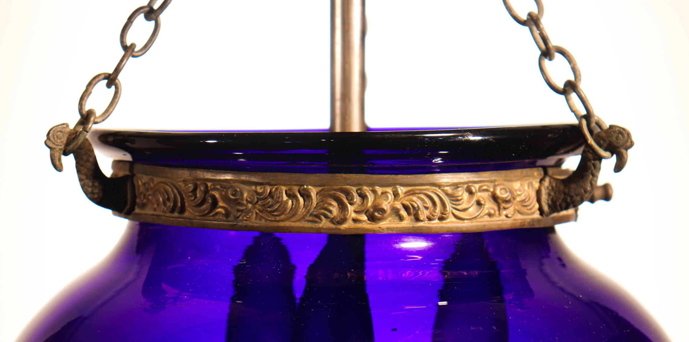 Brass Antique Cobalt Blue Globe Bell Jar Lantern