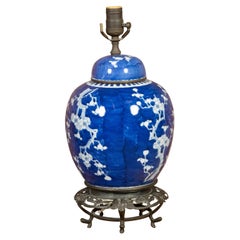 Antique Cobalt Blue Prunus Blossom Jar, Circa 1900 Made into US Wired Table Lamp