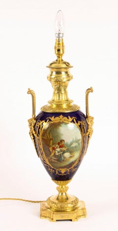 Antique Cobalt Blue Sevres Porcelain Ormolu Table Lamp, 19th Century