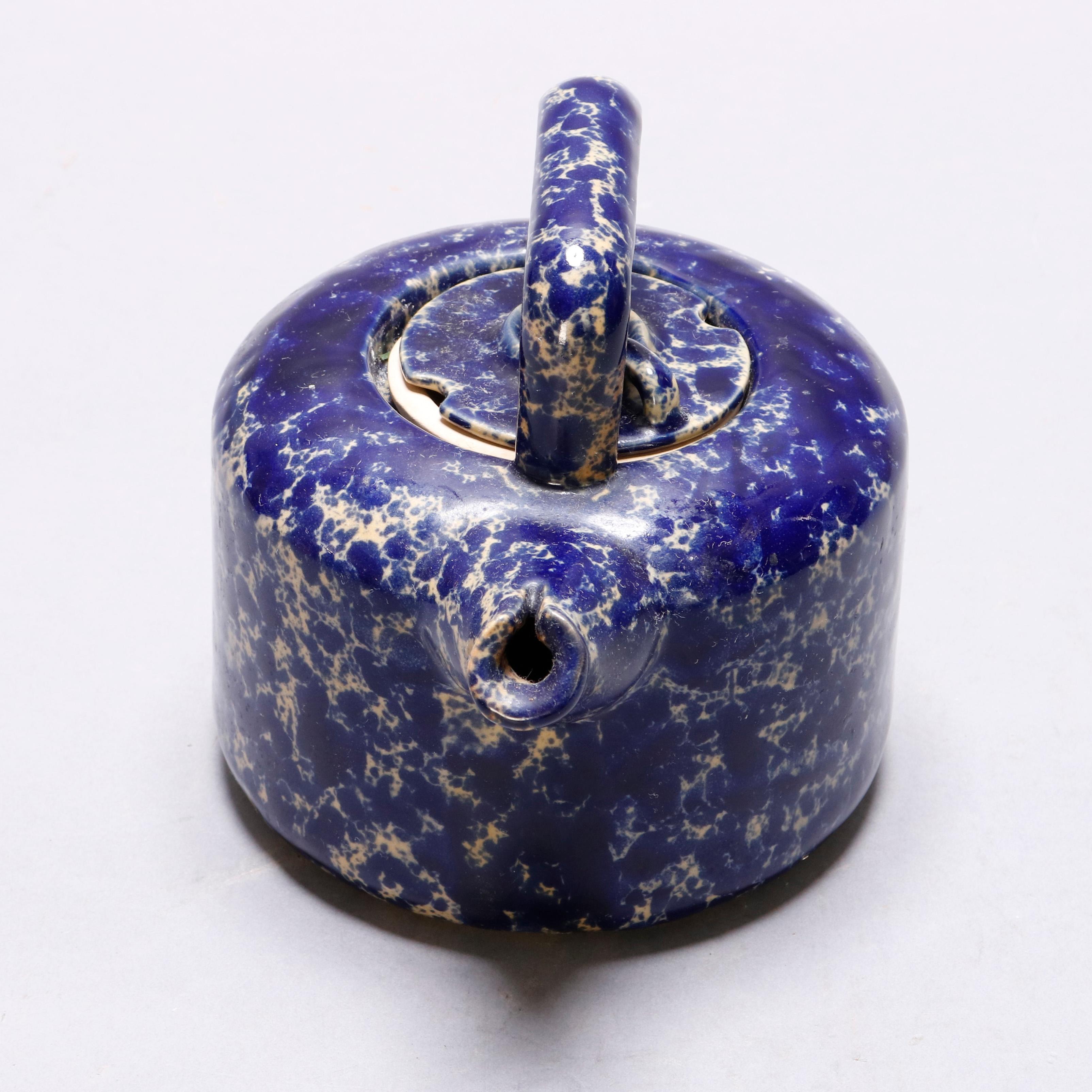 American Antique Cobalt Blue Sponge Wear Pottery Teapot with Strainer, 19th Century