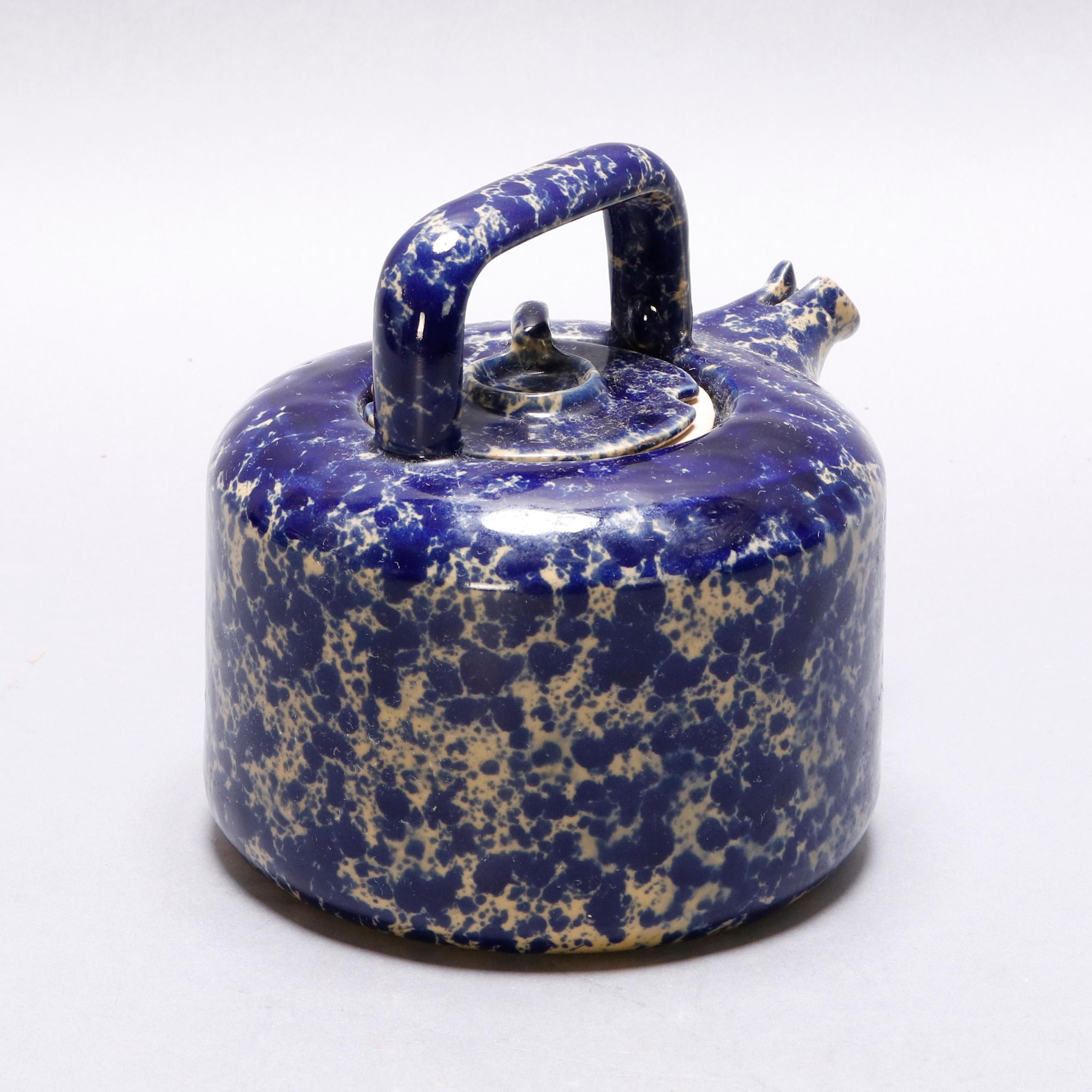 Antique Cobalt Blue Sponge Wear Pottery Teapot with Strainer, 19th Century In Good Condition In Big Flats, NY