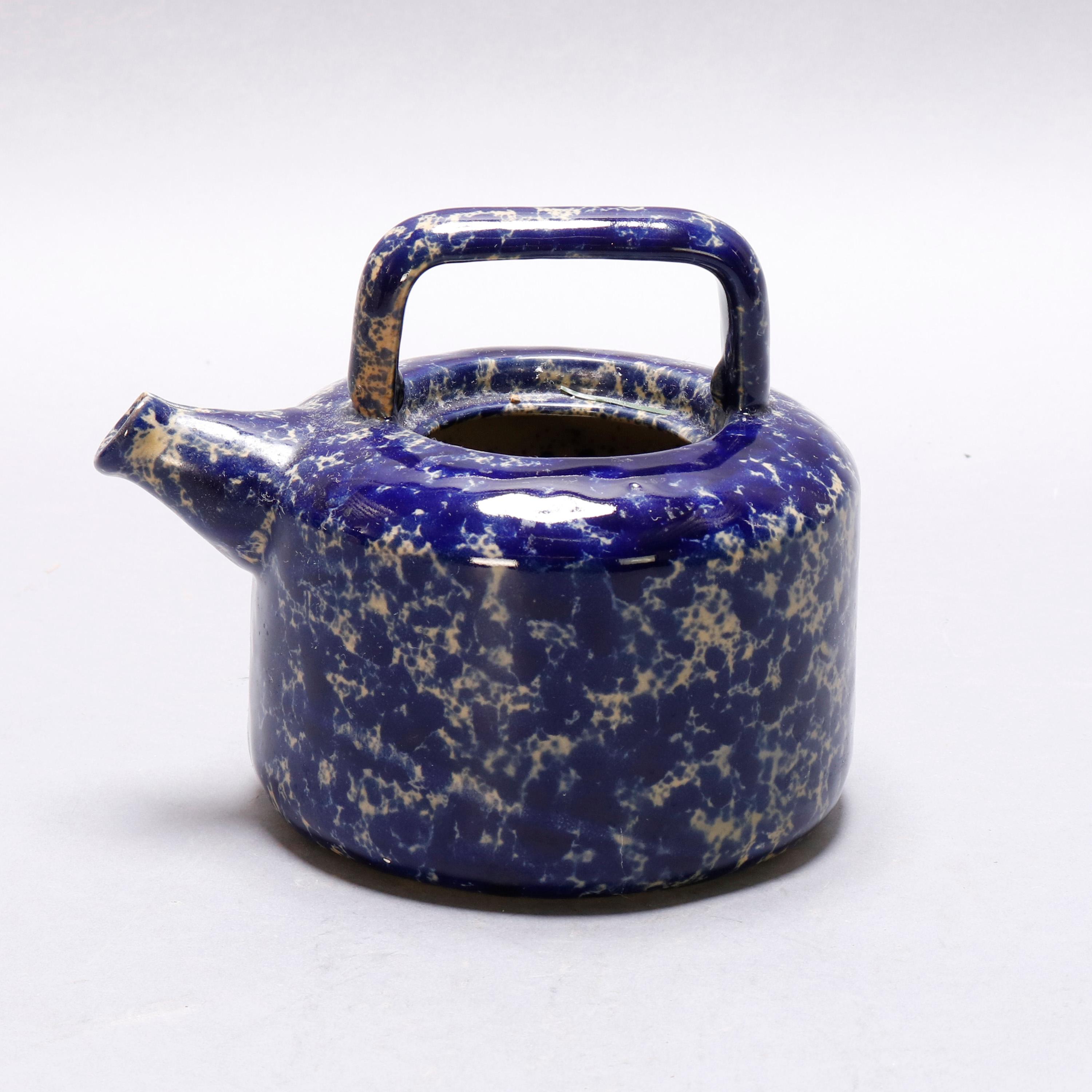 Antique Cobalt Blue Sponge Wear Pottery Teapot with Strainer, 19th Century 1