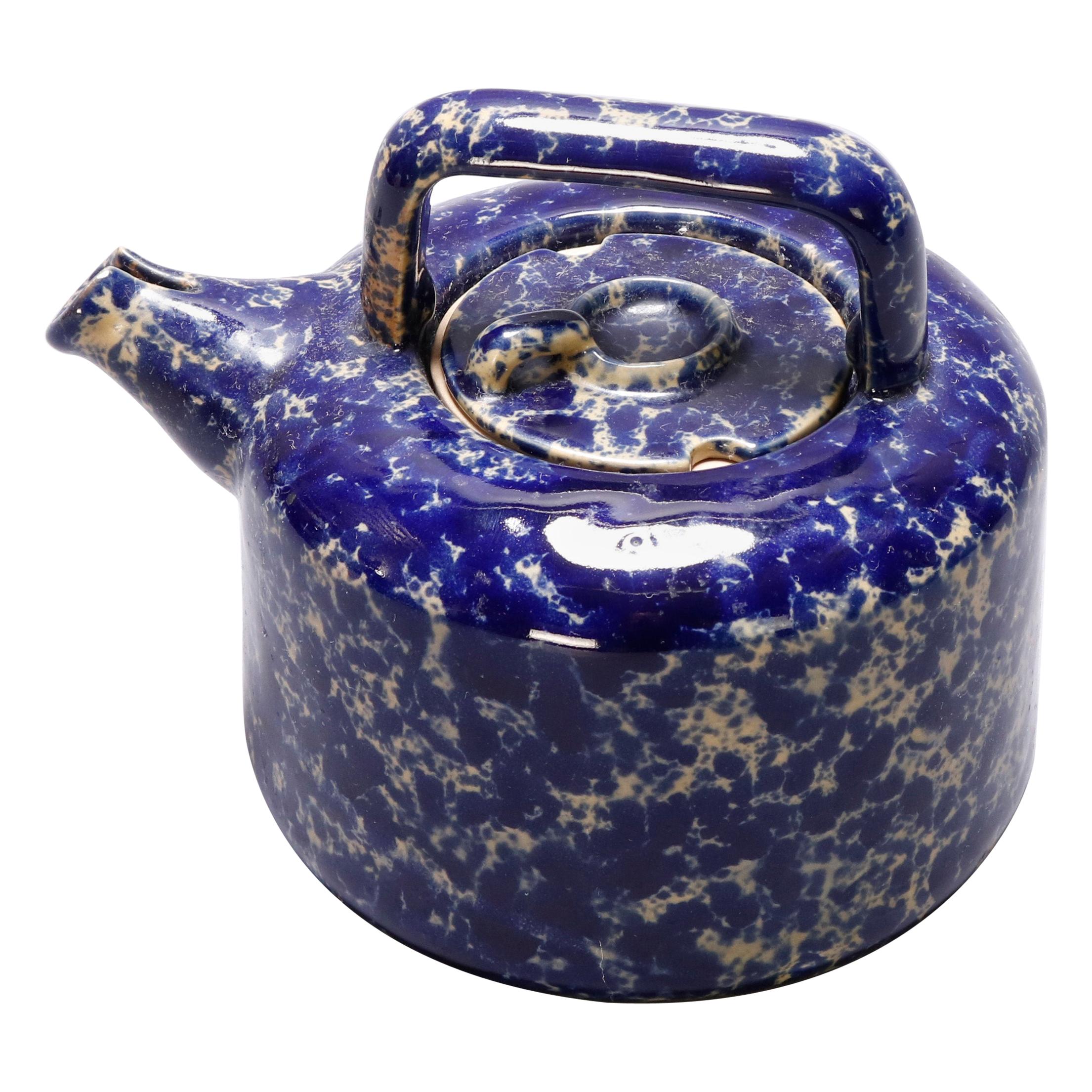 Antique Cobalt Blue Sponge Wear Pottery Teapot with Strainer, 19th Century