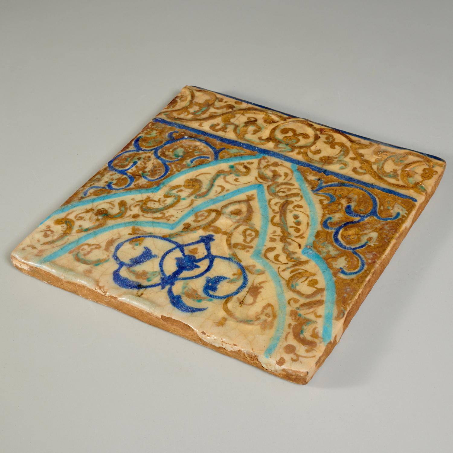 Antique Cobalt Blue, Turquoise and Gold Luster Glazed Persian Palace Tile In Good Condition In Morristown, NJ