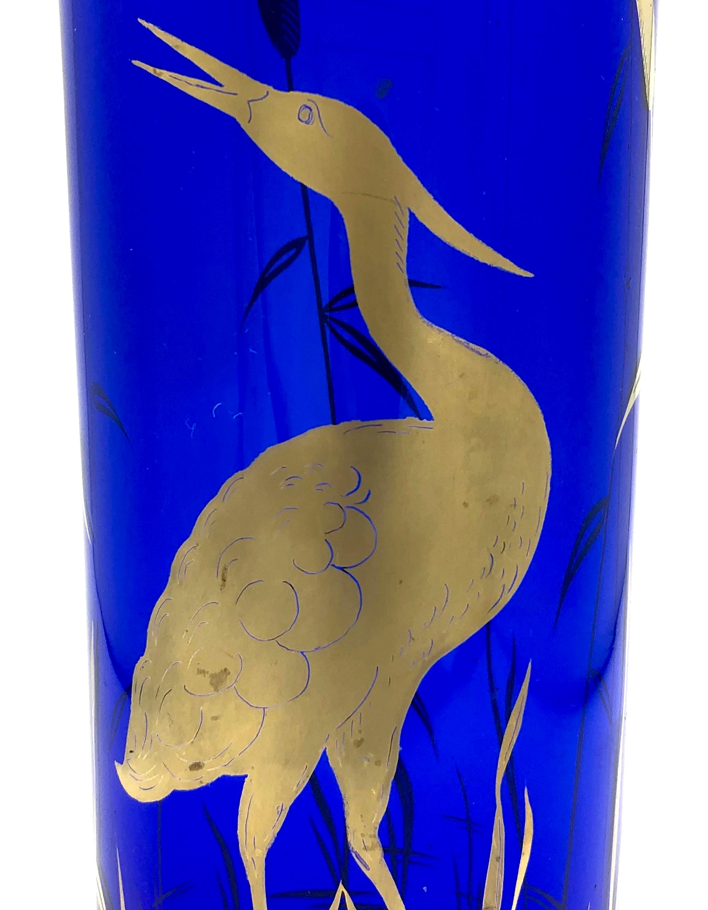 Hand-Painted Antique Cobalt Blue Vase Crane Reed Shore Symbol of Luck and Longvity For Sale