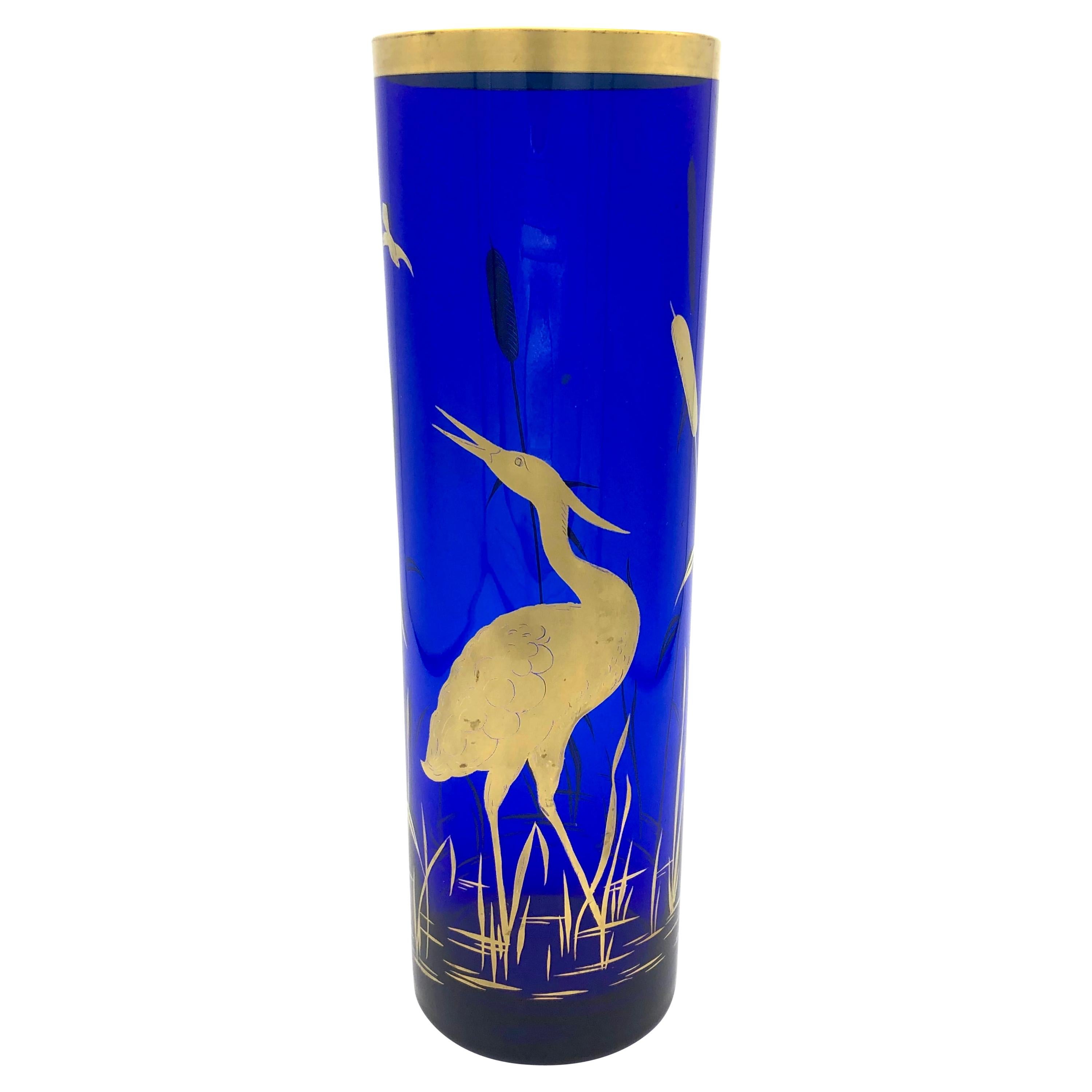 Antique Cobalt Blue Vase Crane Reed Shore Symbol of Luck and Longvity For Sale