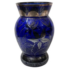 Antique Cobalt Glass Vase with Silver Decoration