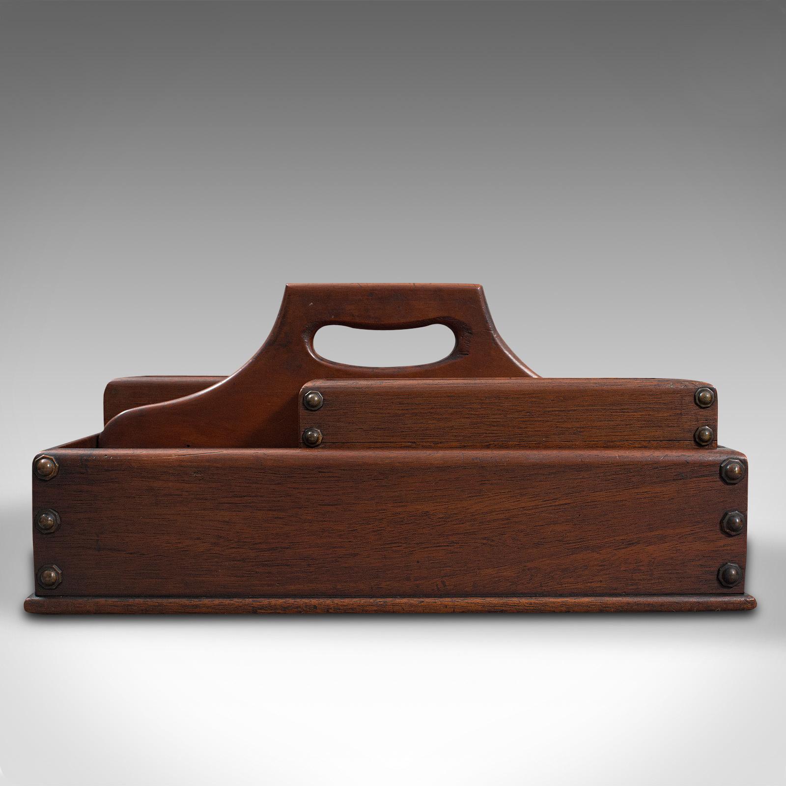 This is an antique cobbler's carry tray. An English, mahogany tool box or cutlery tray, dating to the Edwardian period, circa 1910.

Delightful carry tray with attractive form
Displays a desirable aged patina – in good original order
Select