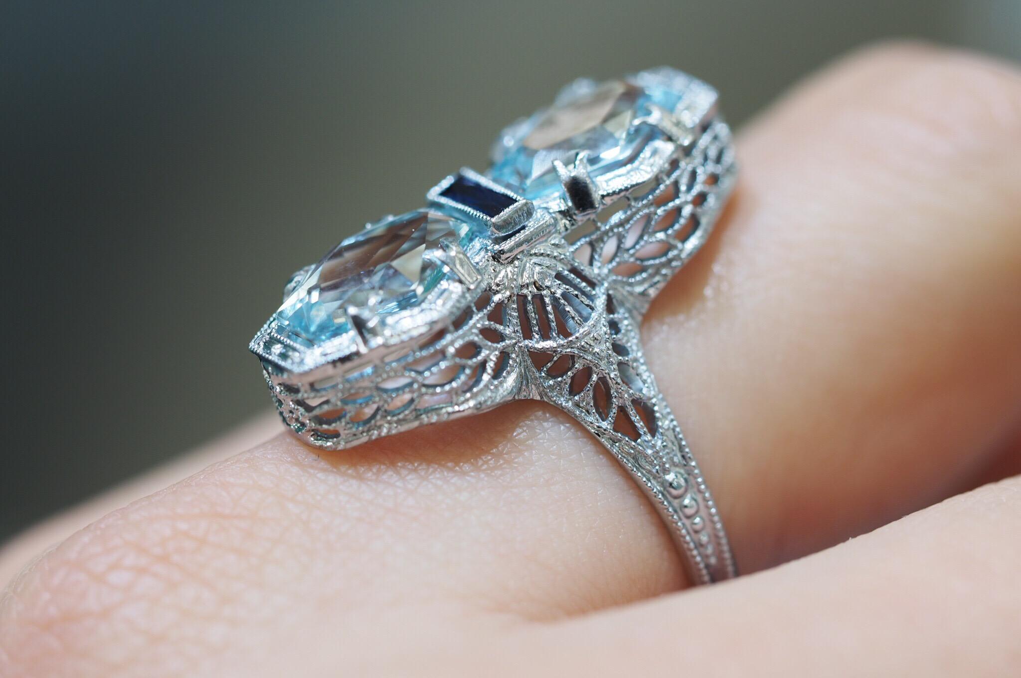 Antique Cocktail 14 Karat Filigree Aquamarine Ring 1