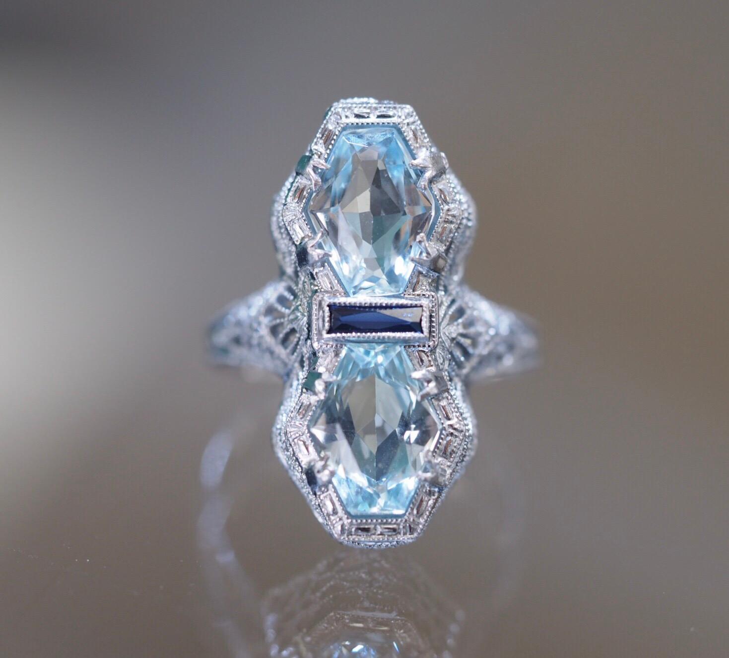 Antique Cocktail 14 Karat Filigree Aquamarine Ring 2