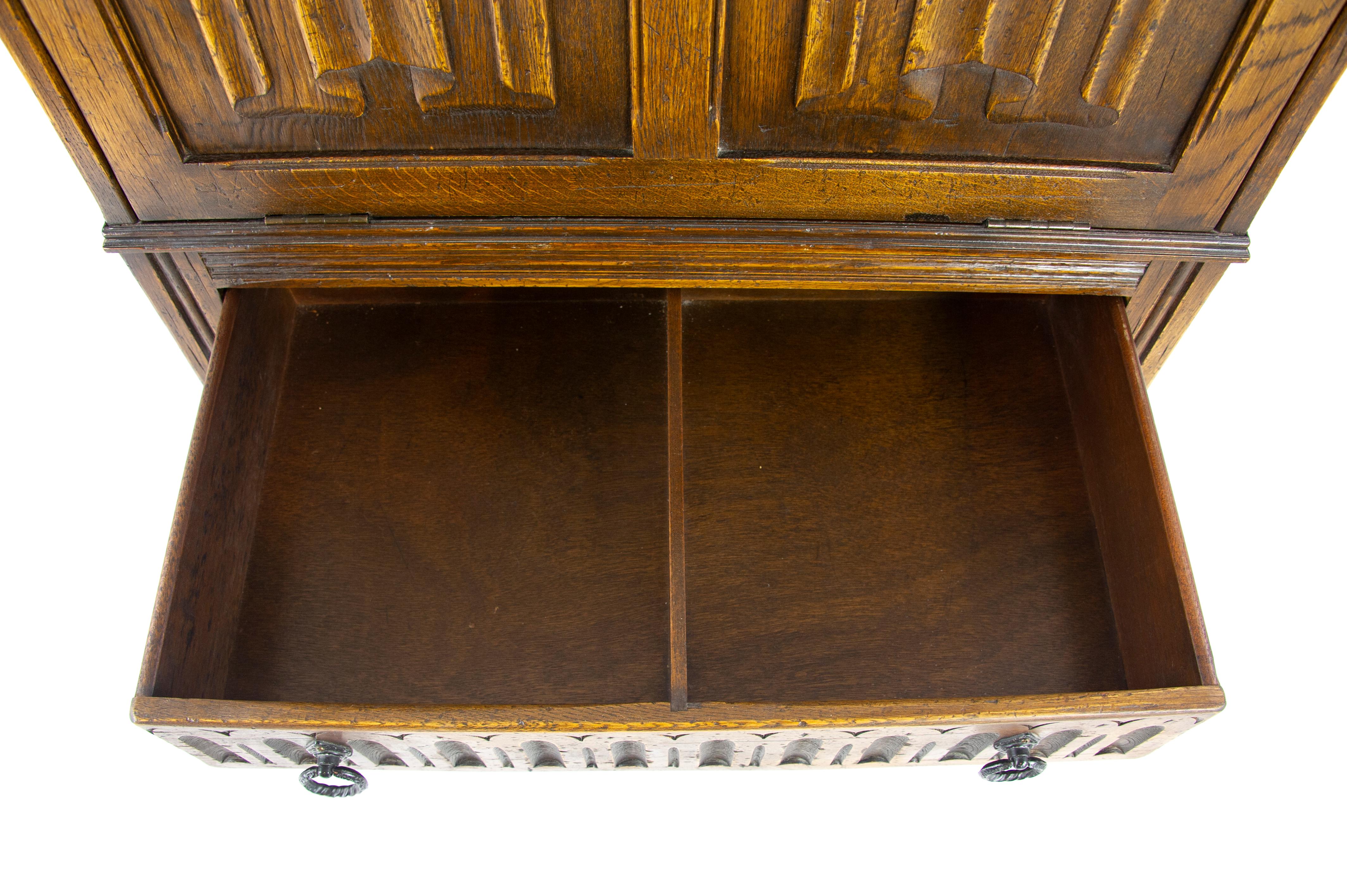 Antique Cocktail Cabinet, Oak Drinks Cabinet, Lift Up Top Drinks Cabinet 9