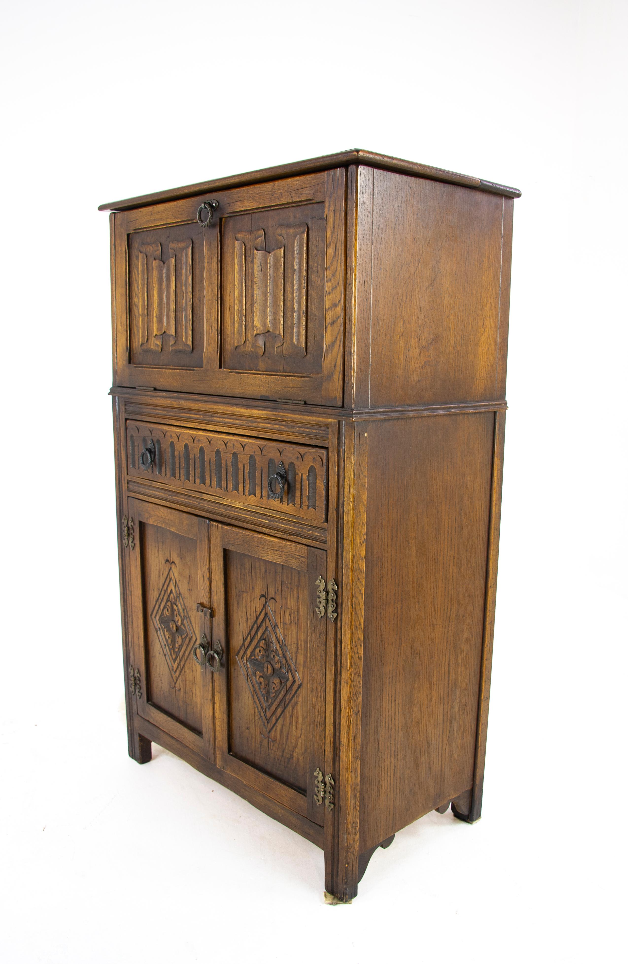 Scottish Antique Cocktail Cabinet, Oak Drinks Cabinet, Lift Up Top Drinks Cabinet