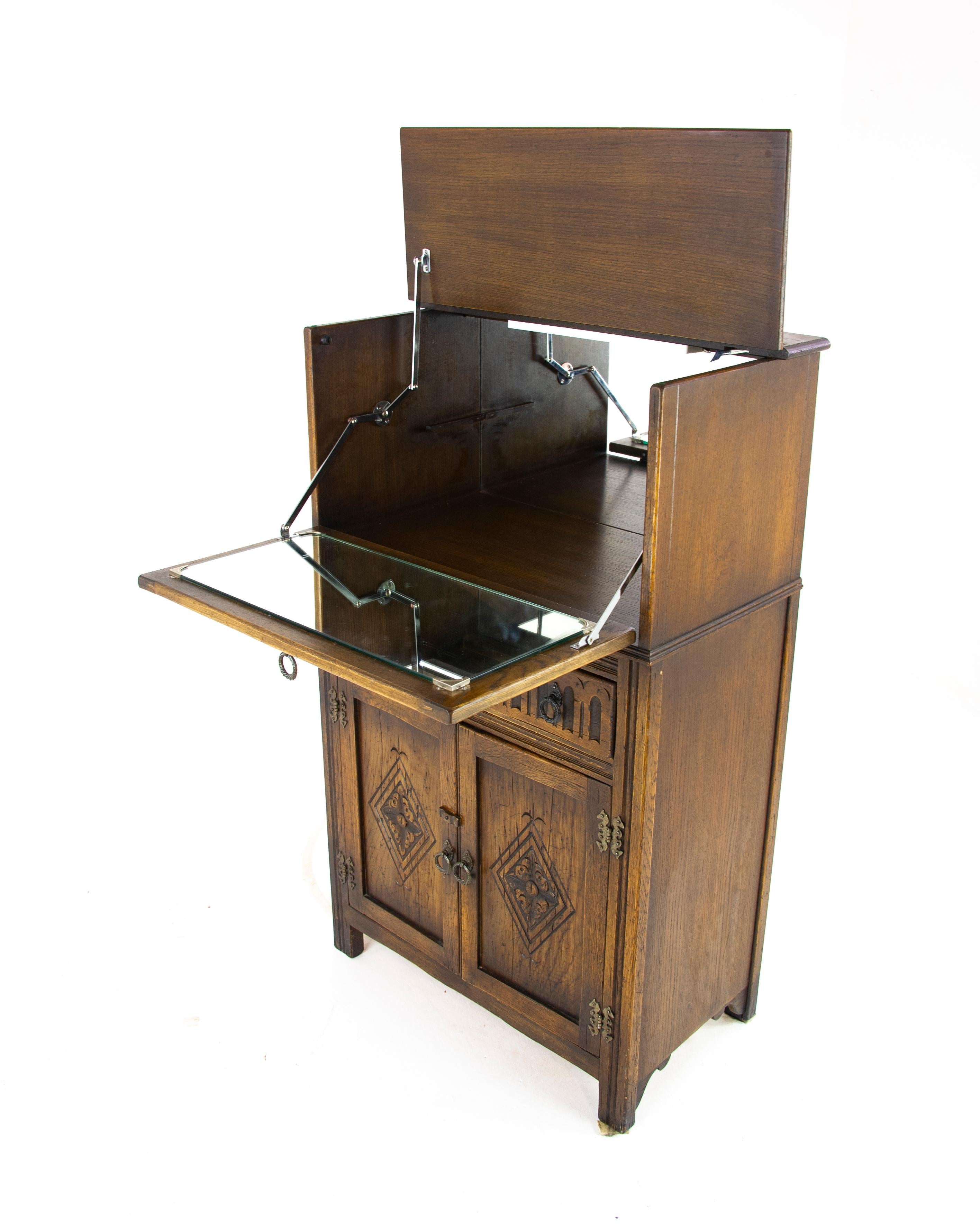 Hand-Crafted Antique Cocktail Cabinet, Oak Drinks Cabinet, Lift Up Top Drinks Cabinet