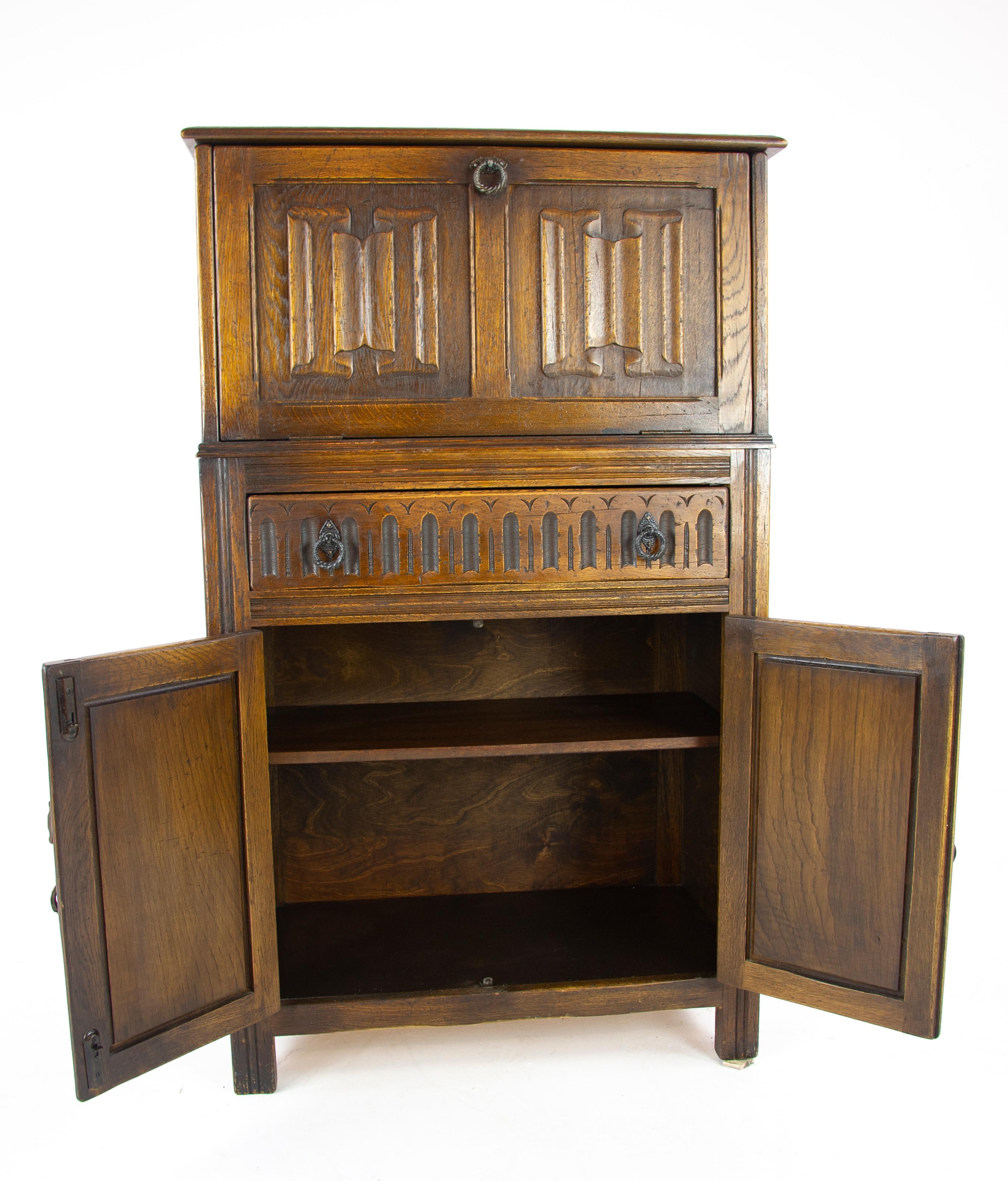 Mid-20th Century Antique Cocktail Cabinet, Oak Drinks Cabinet, Lift Up Top Drinks Cabinet