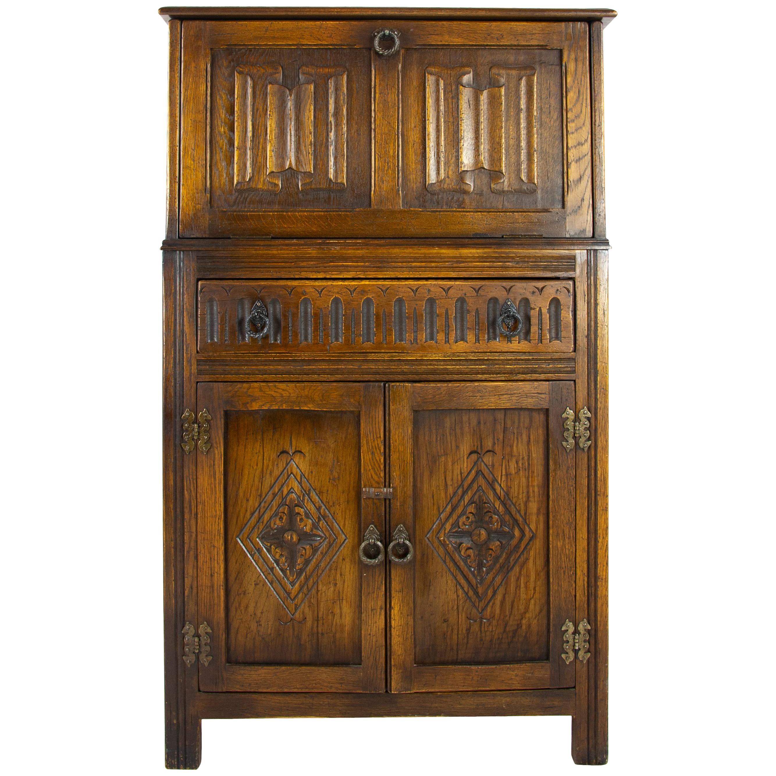 Antique Cocktail Cabinet, Oak Drinks Cabinet, Lift Up Top Drinks Cabinet