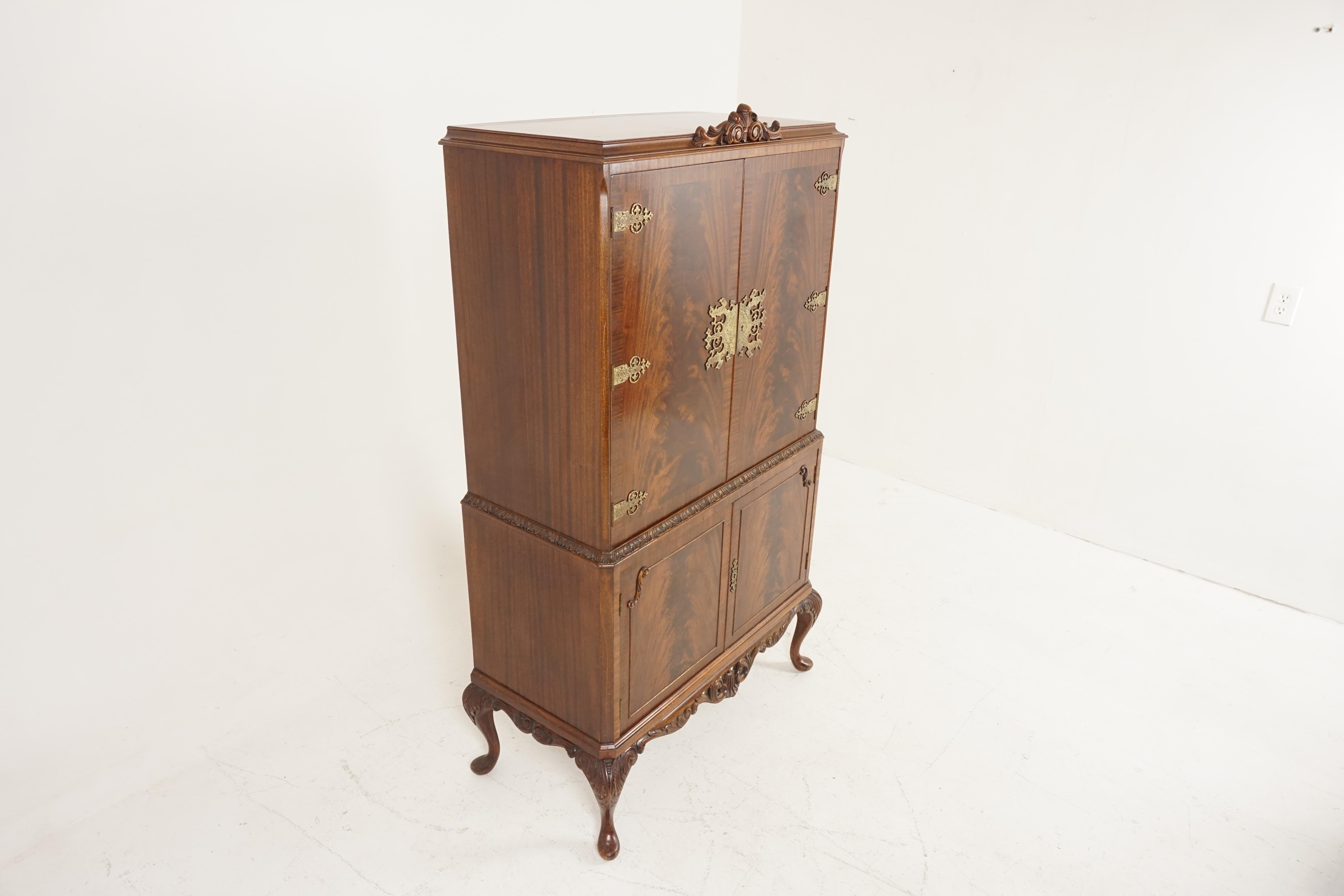 Scottish Antique Cocktail Cabinet, Queen Anne Flame Mahogany, Bar, Drinks Cabinet, B2501