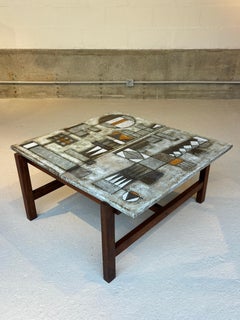 Antique Coffee Table by Les 2 Potiers, Teak and Ceramic, 1965