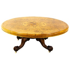 Antique Coffee Table, Oval Burr Walnut Coffee Table, Scotland, 1880