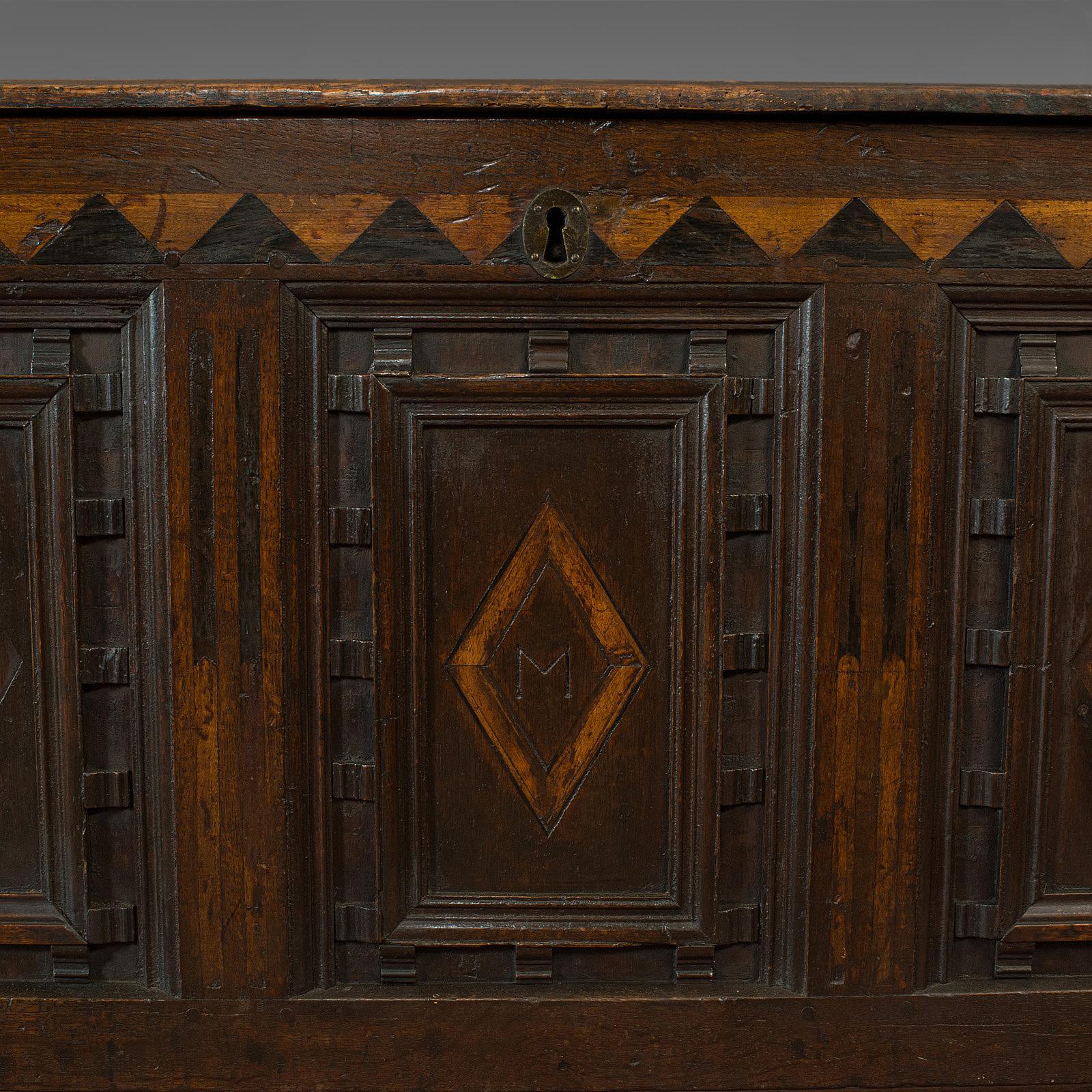 Antique Coffer, English, Oak, 3-Panel, Linen Chest Trunk William III, circa 1700 For Sale 3