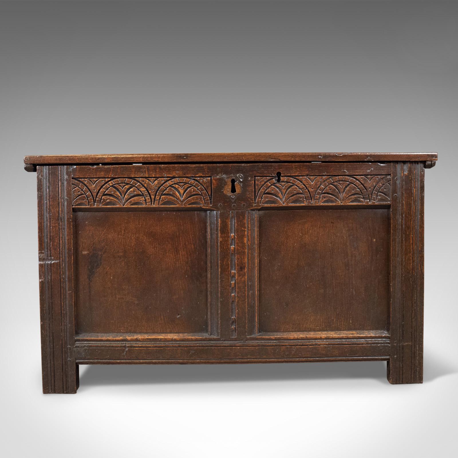 This is an antique coffer, an English oak, joined chest. A trunk dating to the late 17th century, circa 1700.

Mid-sized oak chest displaying rich, dark colour
Pegged joint construction with grain interest throughout
Two panel chest with a