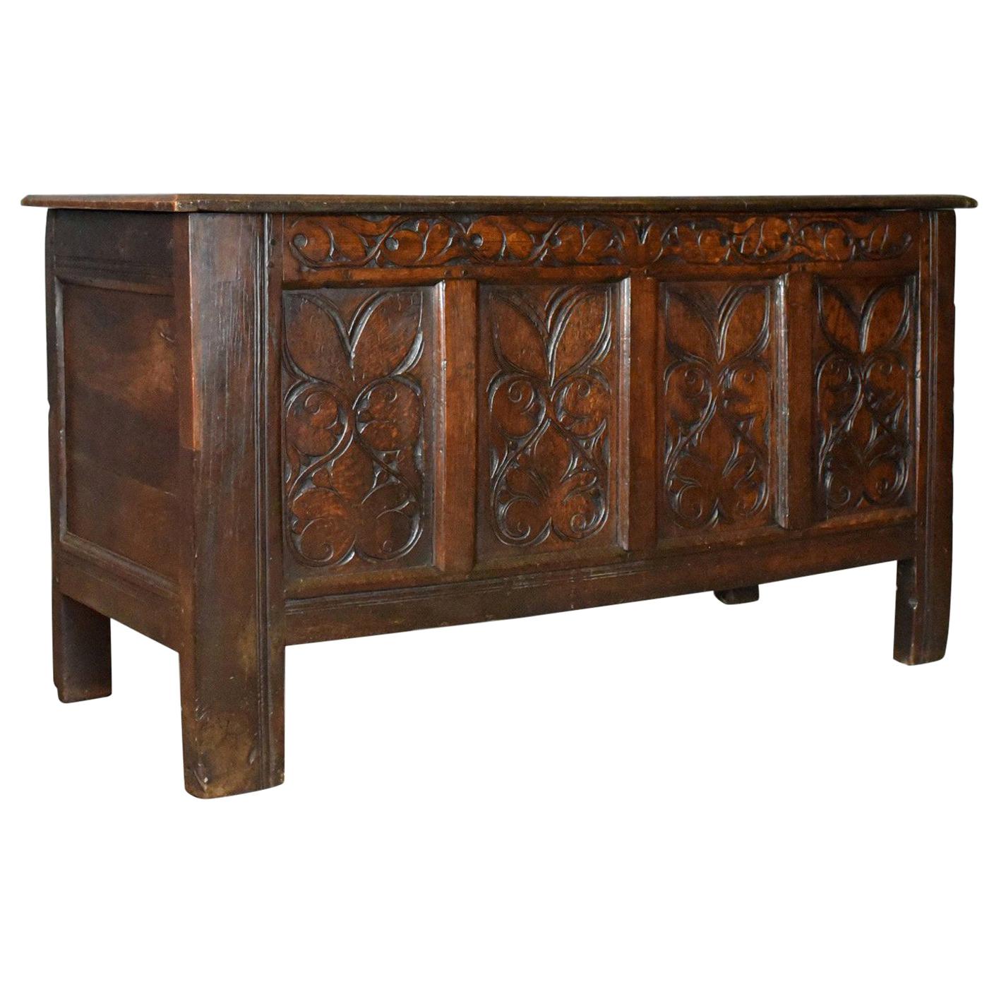 Antique Coffer, Large, English Oak Chest, Early 18th Century Trunk, circa 1700 For Sale