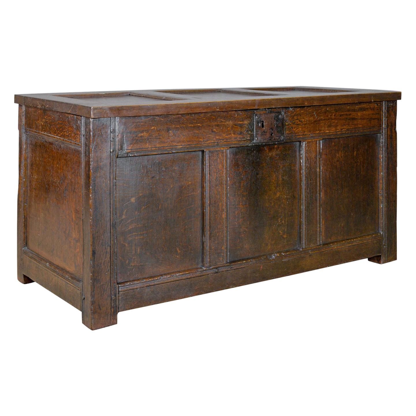 Antique Coffer Oak Joined Chest Three Panel Trunk, Early 18th Century circa 1700