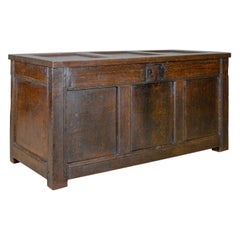 Antique Coffer Oak Joined Chest Three Panel Trunk, Early 18th Century circa 1700