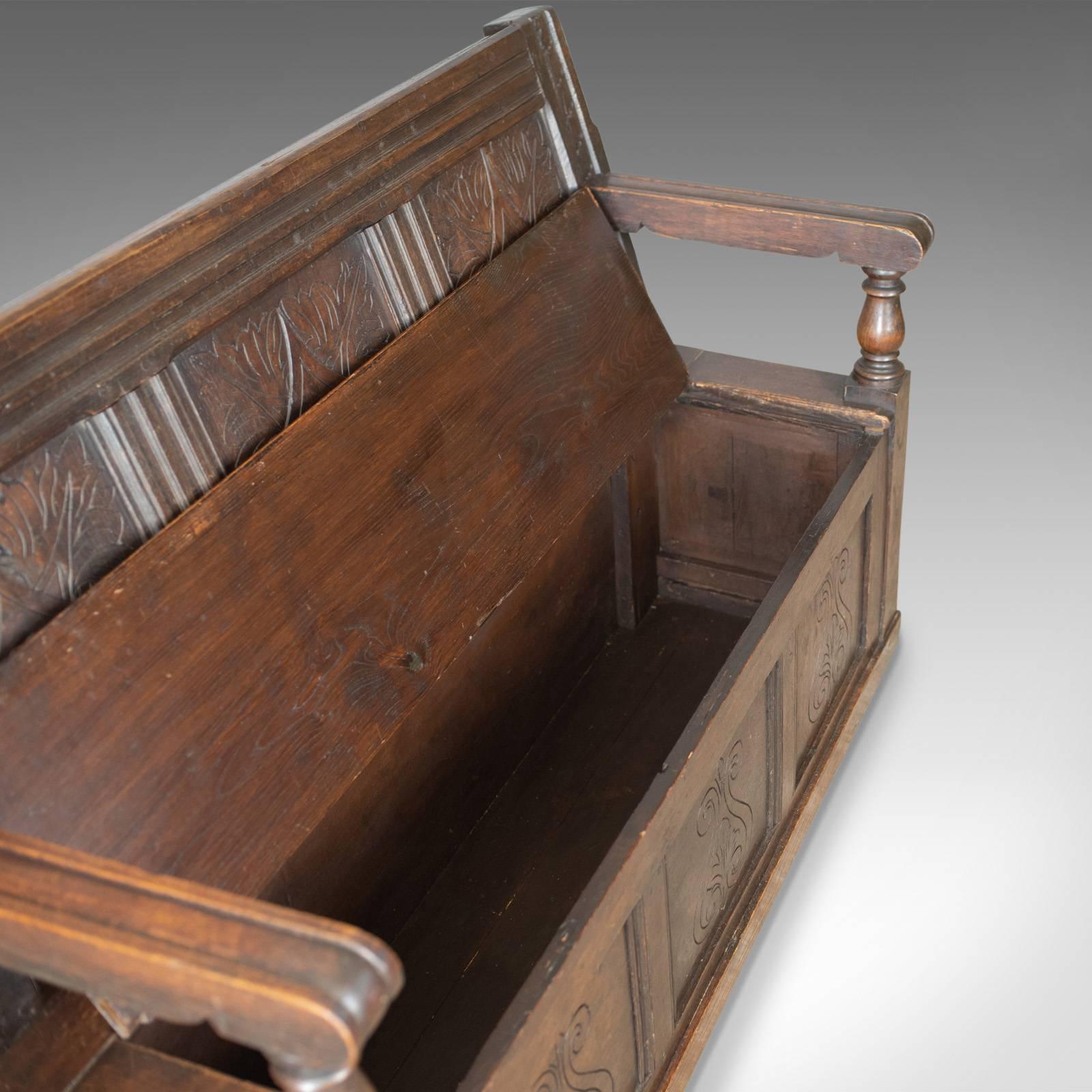 Antique Coffer Settle English Oak Bench, Chest, Trunk Seat, circa 1700 4