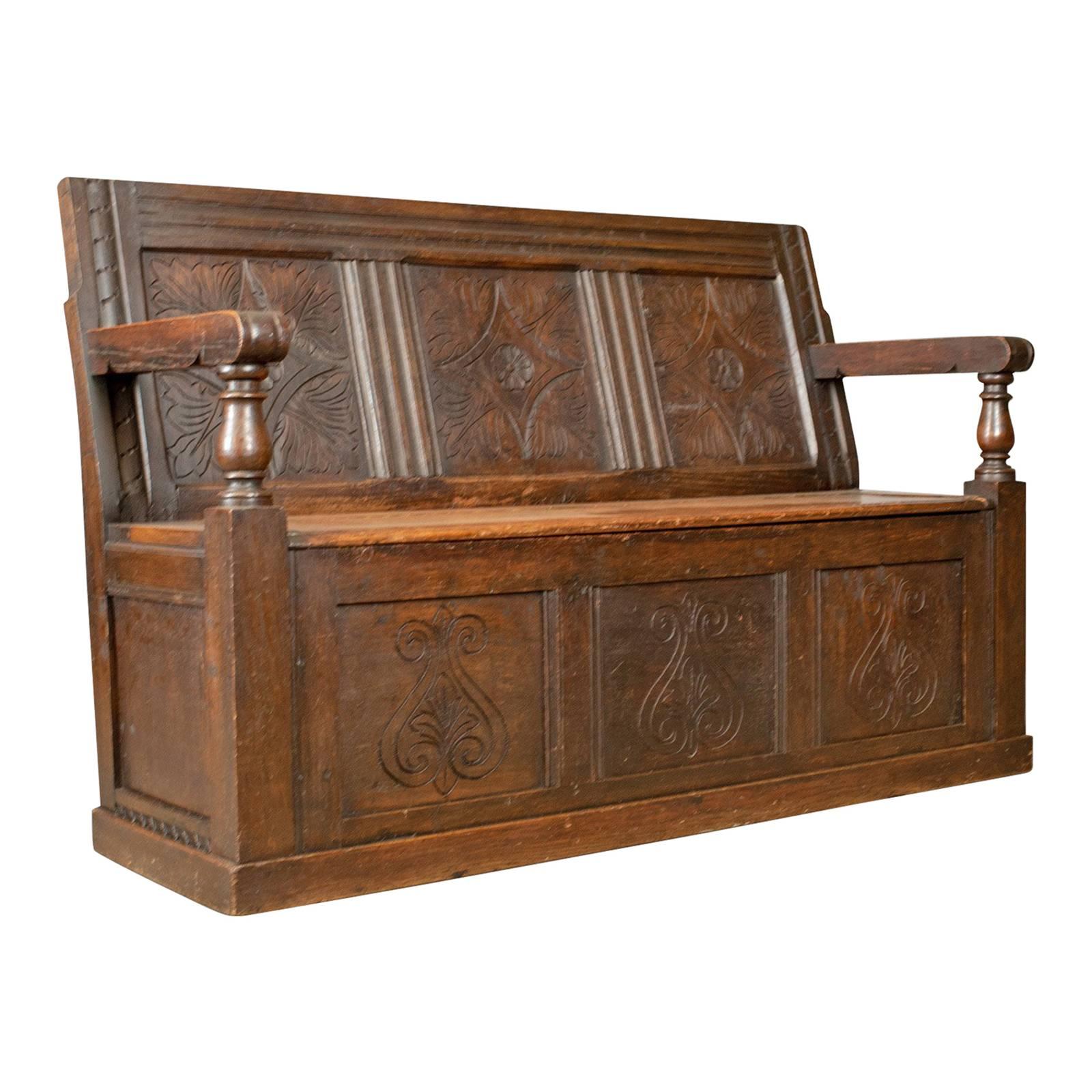 Antique Coffer Settle English Oak Bench, Chest, Trunk Seat, circa 1700