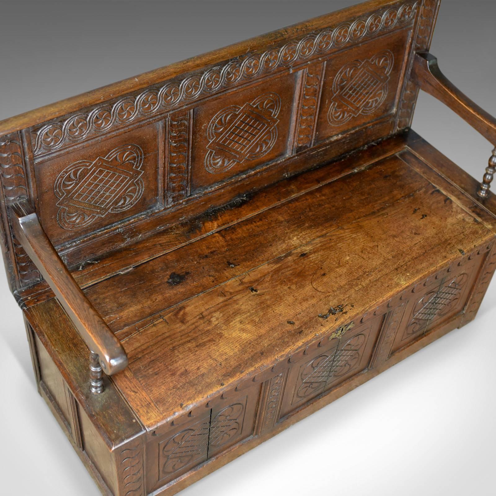 Antique Coffer Settle, English, Oak, Hall, Bench, Seat, circa 1700 3