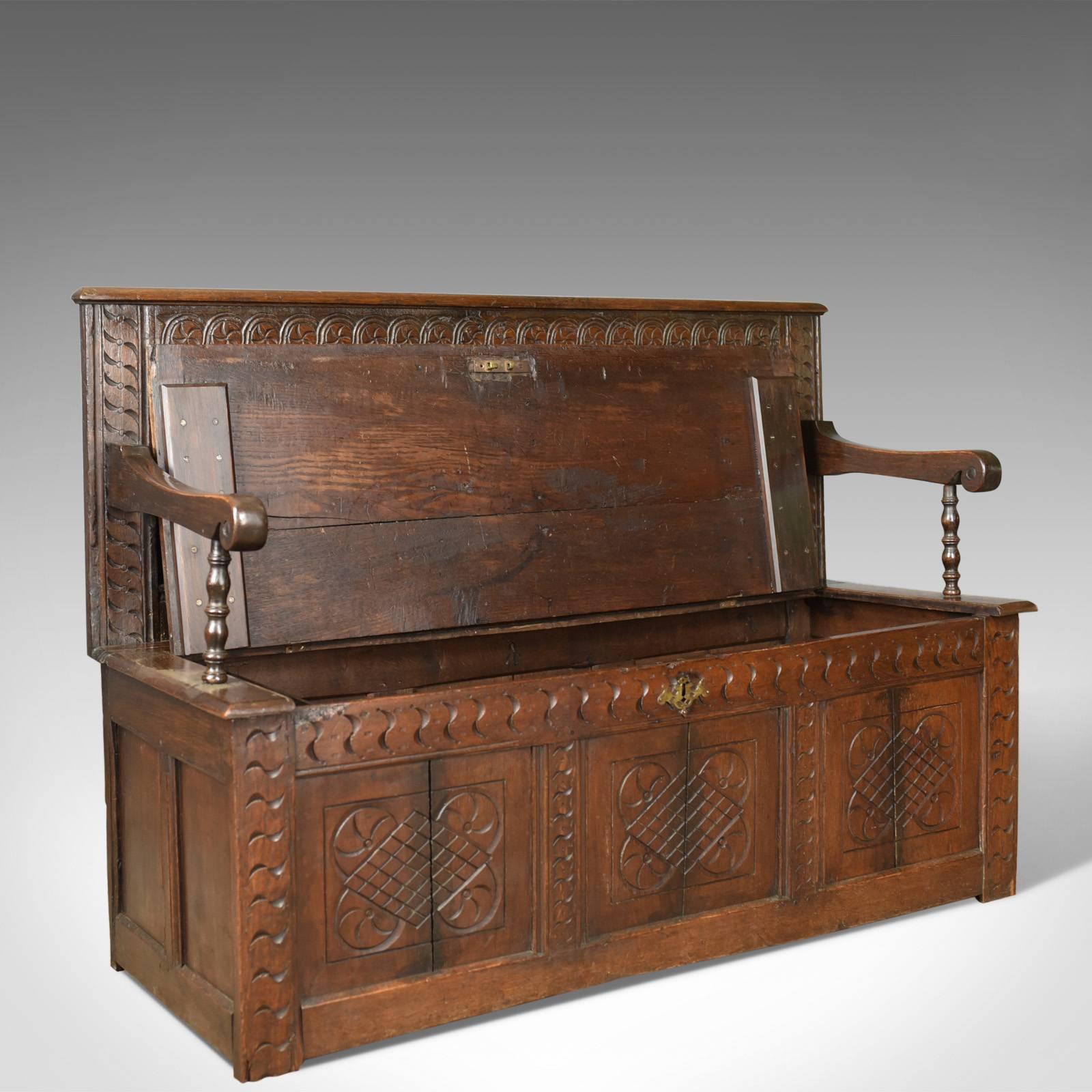 William and Mary Antique Coffer Settle, English, Oak, Hall, Bench, Seat, circa 1700