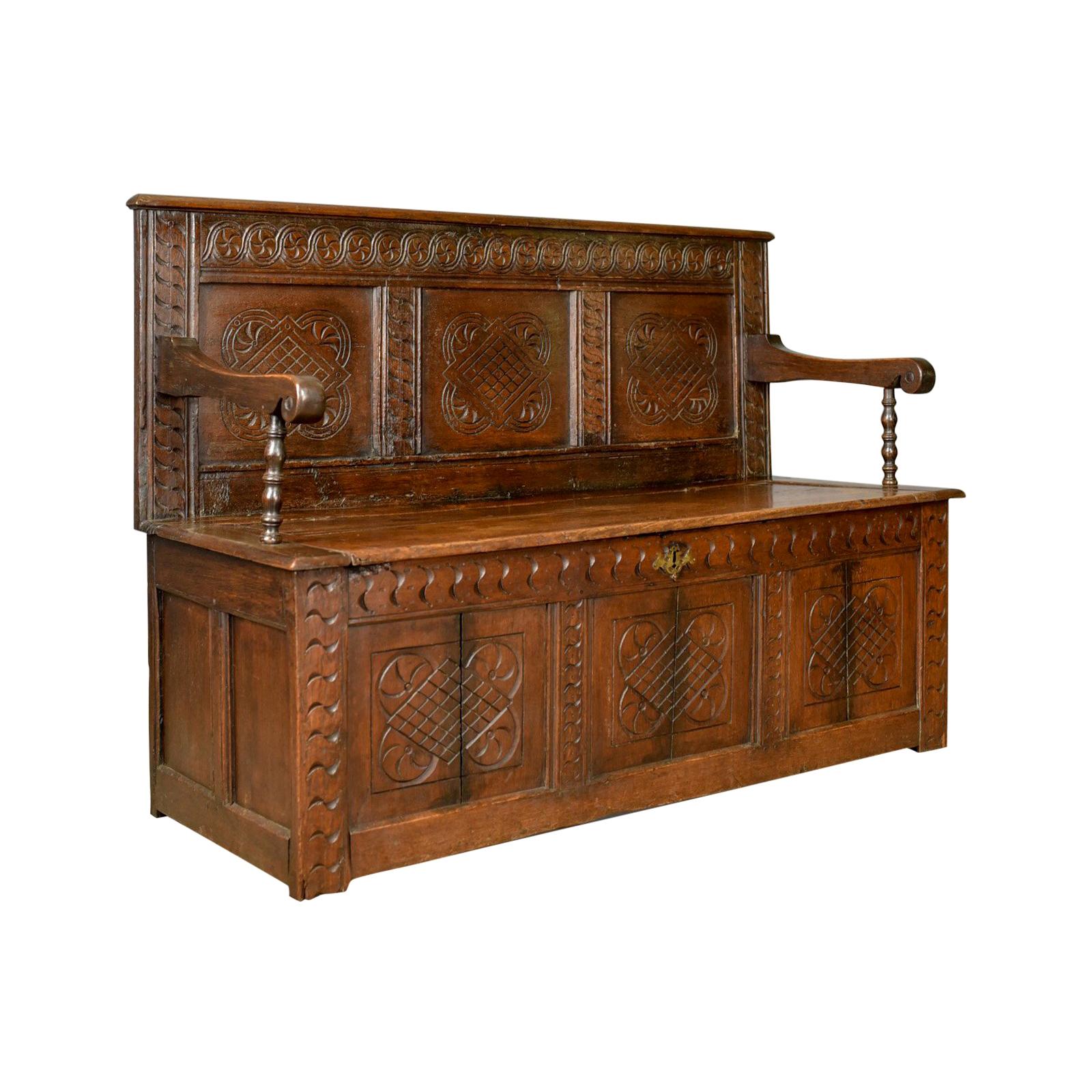 Antique Coffer Settle, English, Oak, Hall, Bench, Seat, circa 1700
