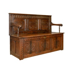 Antique Coffer Settle, English, Oak, Hall, Bench, Seat, circa 1700