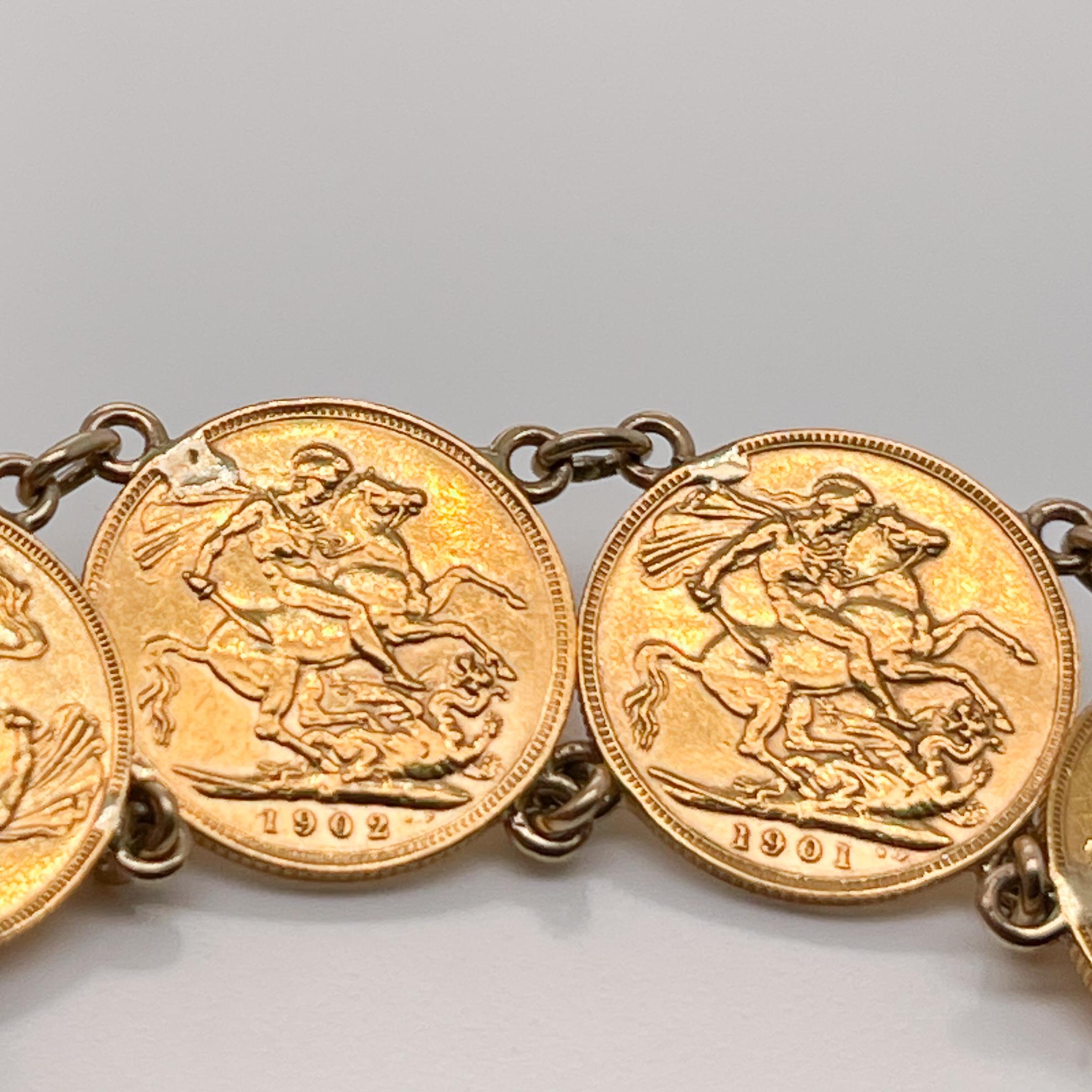 Antique Coin Bracelet with American Gold Coins & English Gold Sovereigns In Good Condition In Philadelphia, PA