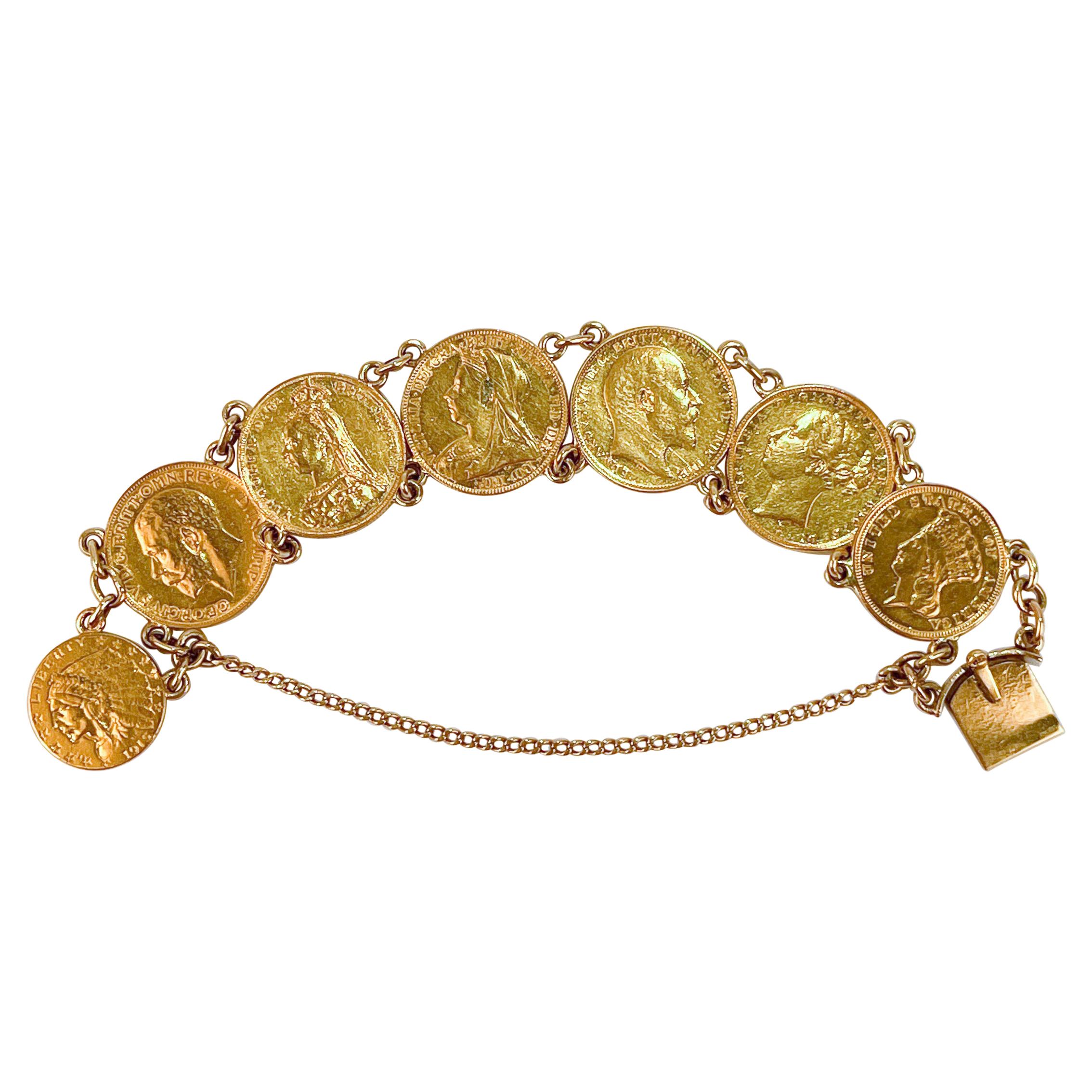 Antique Coin Bracelet with American Gold Coins & English Gold Sovereigns
