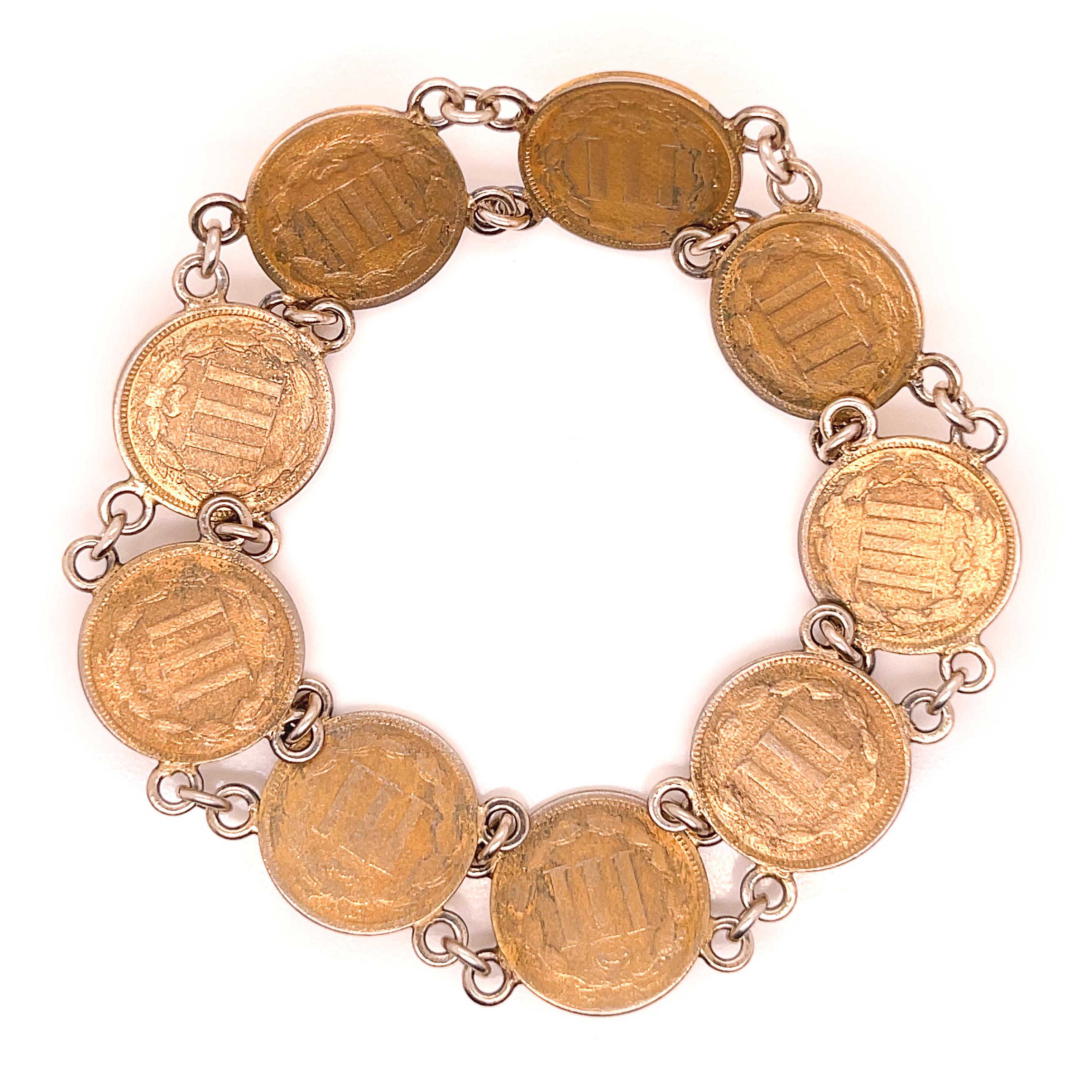 Bracelet de pièces de monnaie ancienne avec pièces américaines de 3 cents en nickel plaqué or en vente 1