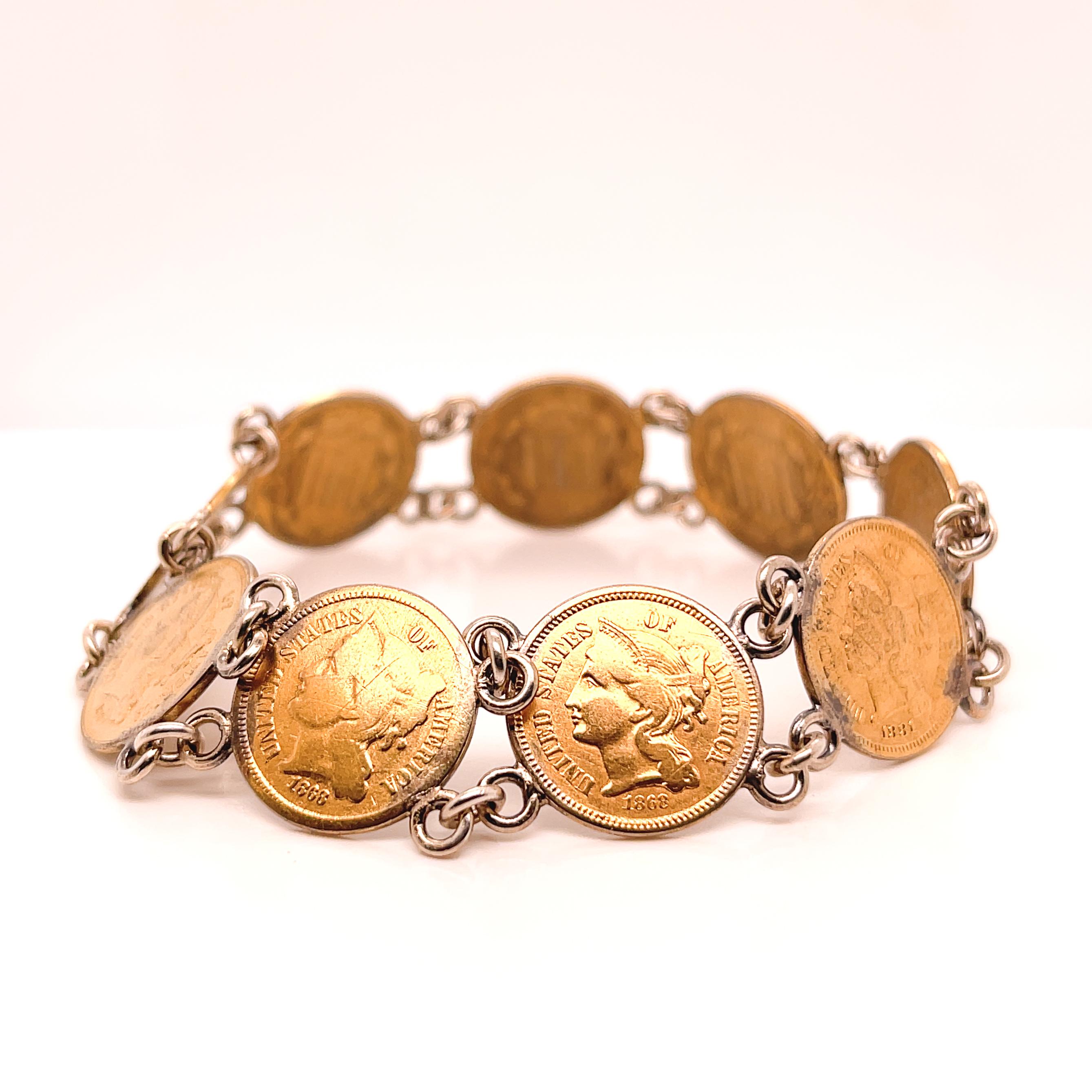 Women's or Men's Antique Coin Bracelet with Gold Plated American 3 Cent Nickel Coins For Sale