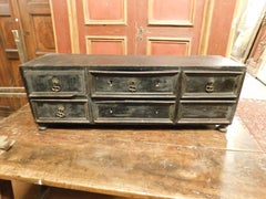 Antique Coin Cabinet, Money Box, Lacquered Black Wood, Drawers, Original Knobs
