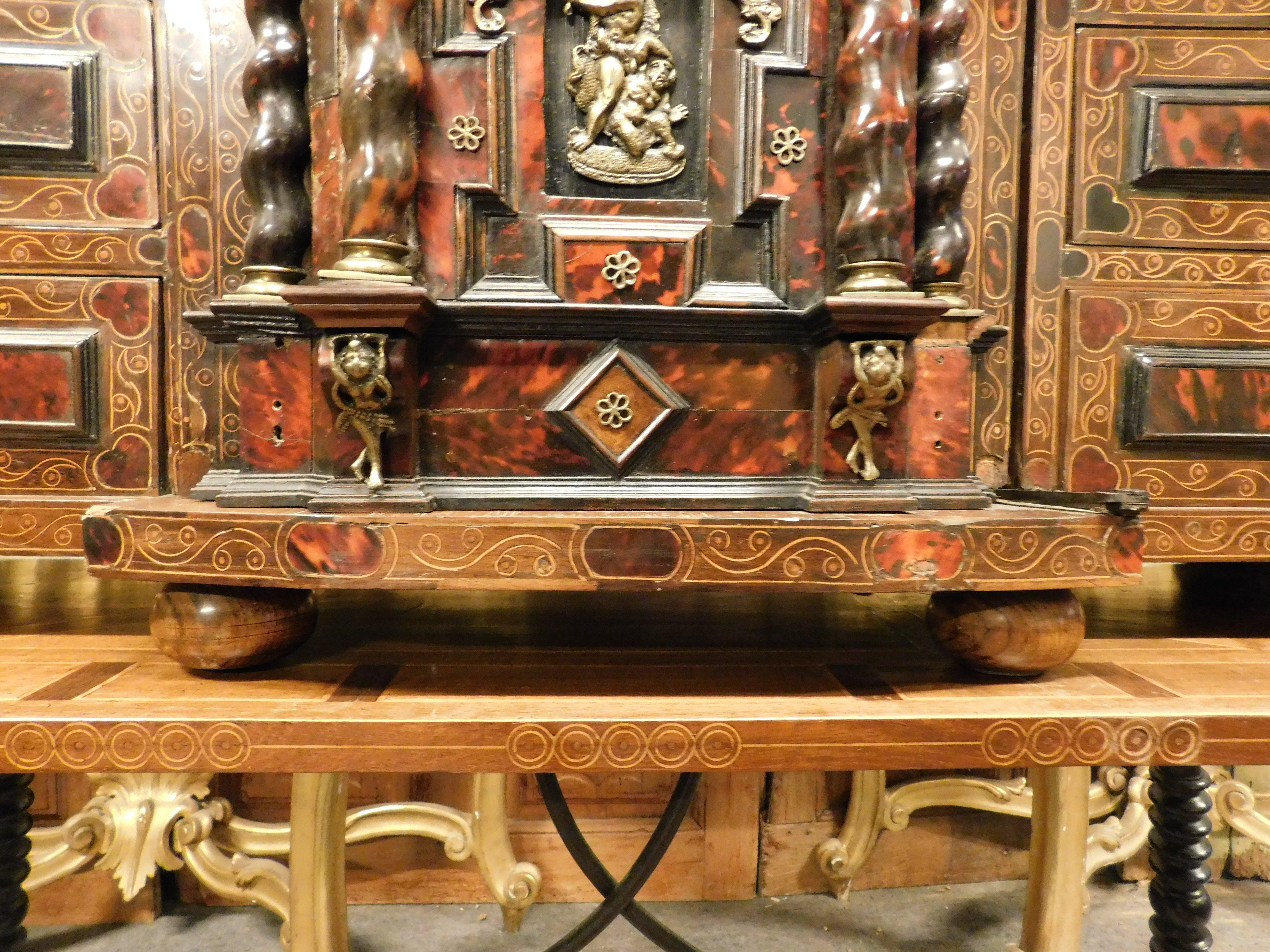 Antique Coin cabinet with table, inlaid wood and gilded bronze, '700, Spain 4