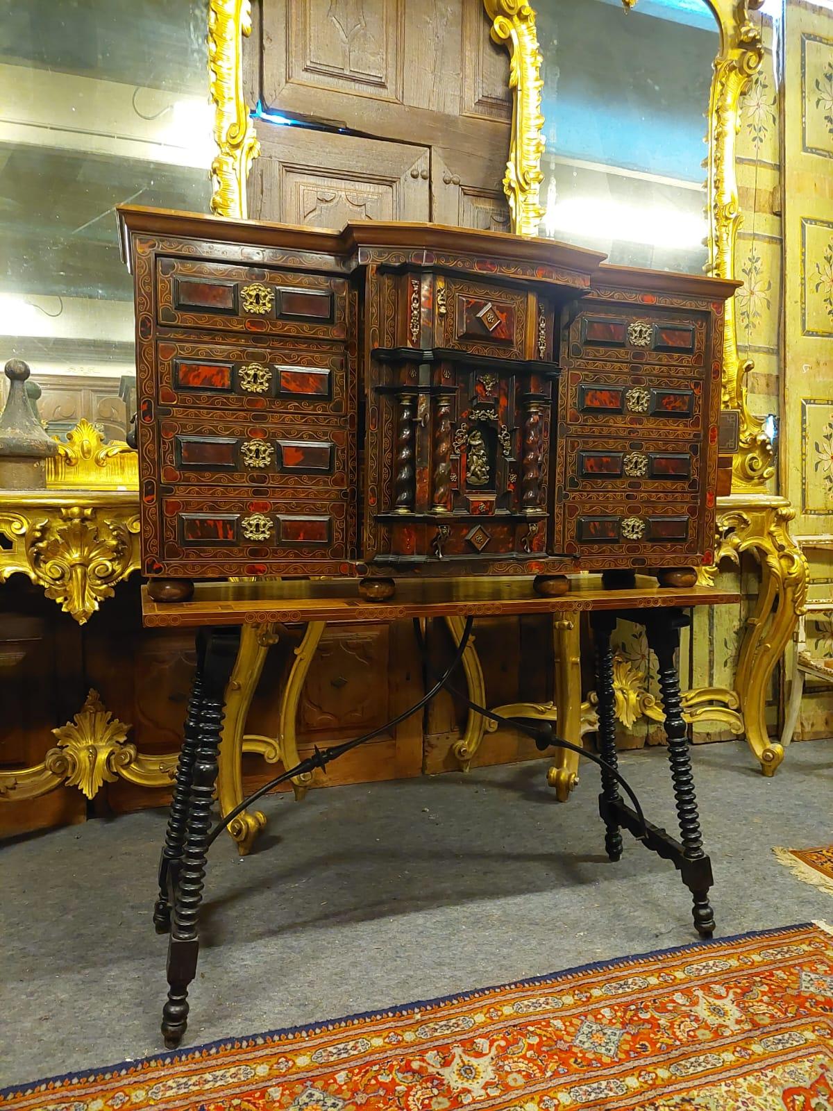 Antique Coin cabinet with table, inlaid wood and gilded bronze, '700, Spain 6