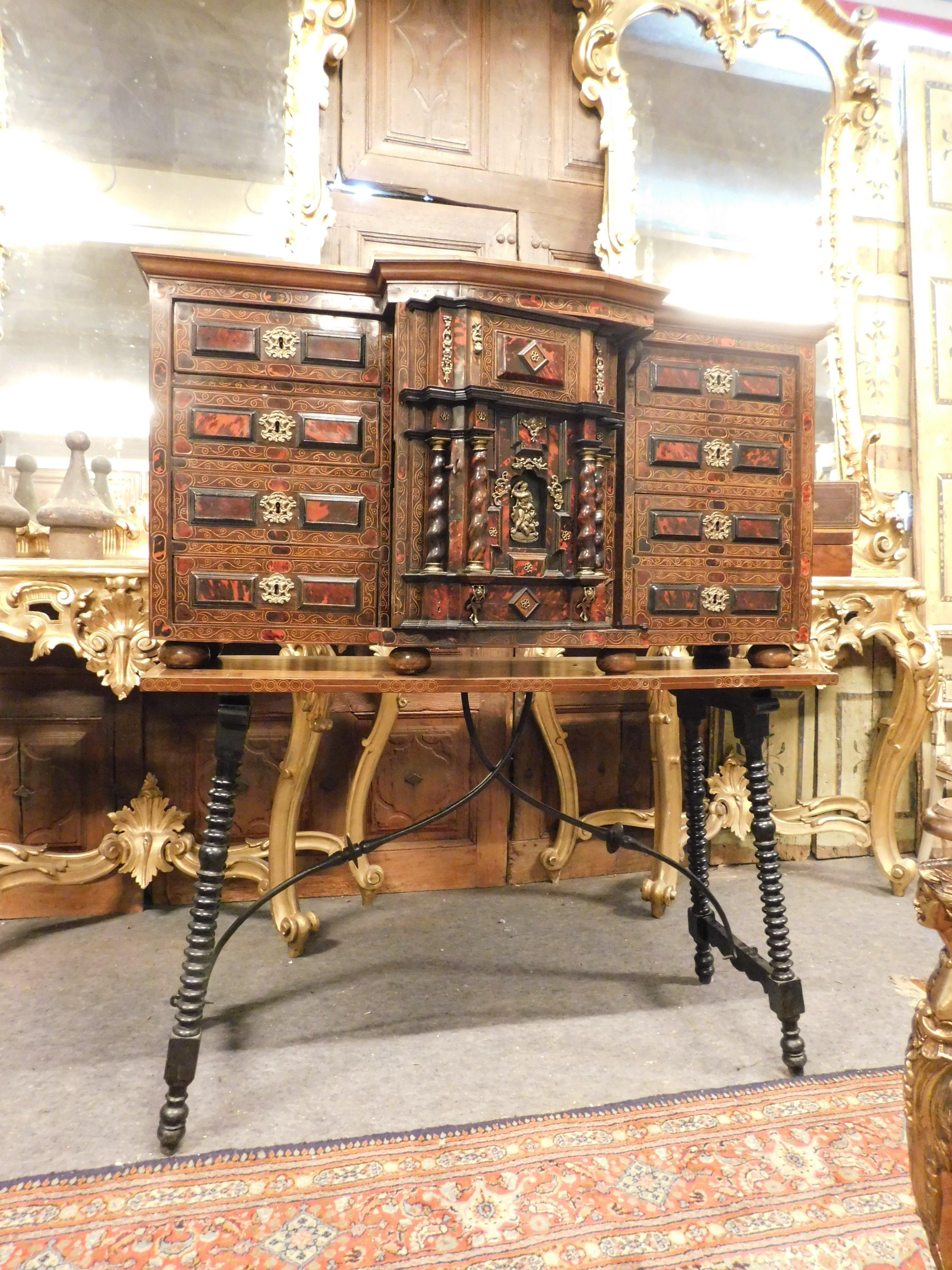 Spanish Antique Coin cabinet with table, inlaid wood and gilded bronze, '700, Spain