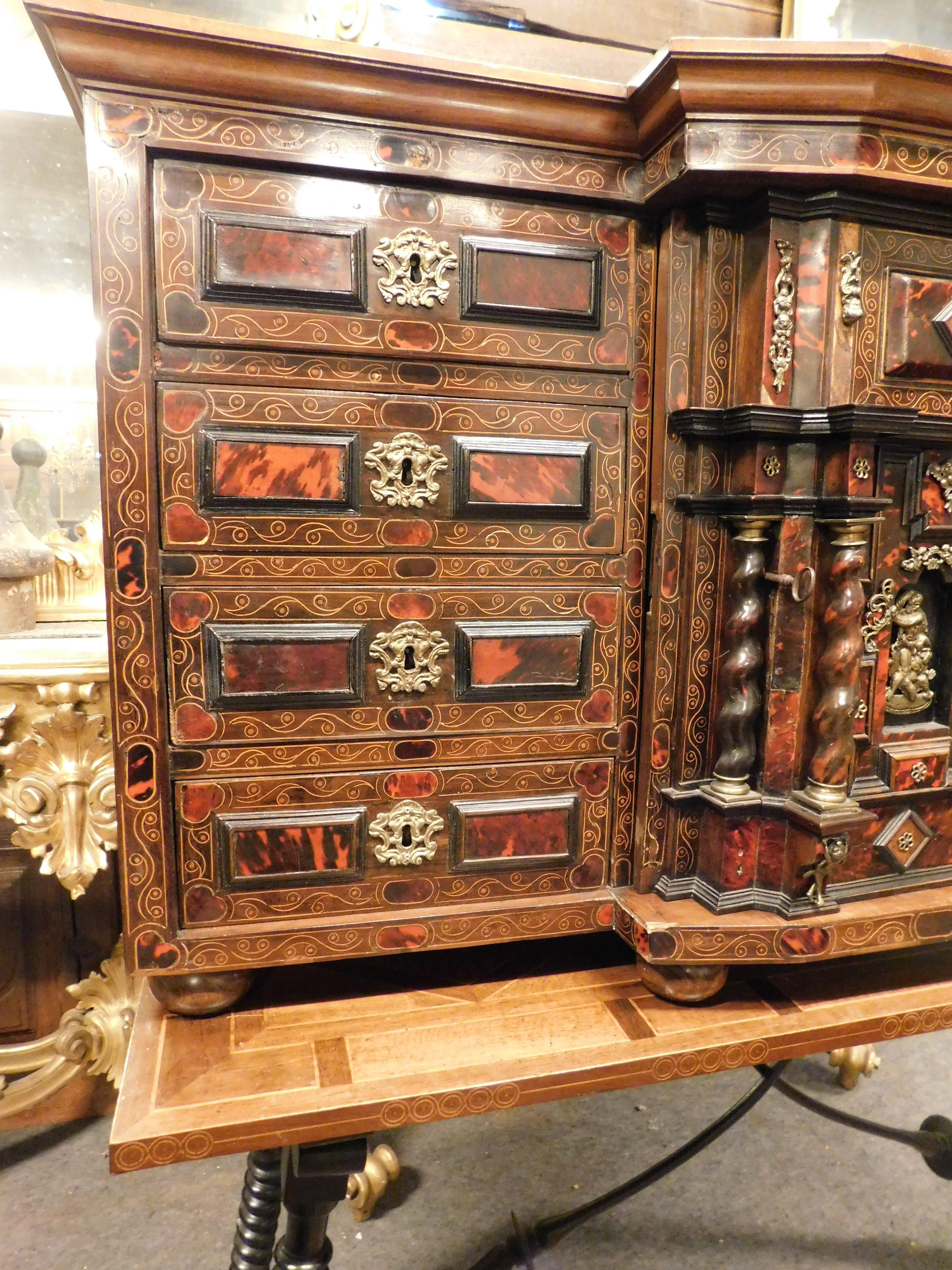 Hand-Carved Antique Coin cabinet with table, inlaid wood and gilded bronze, '700, Spain