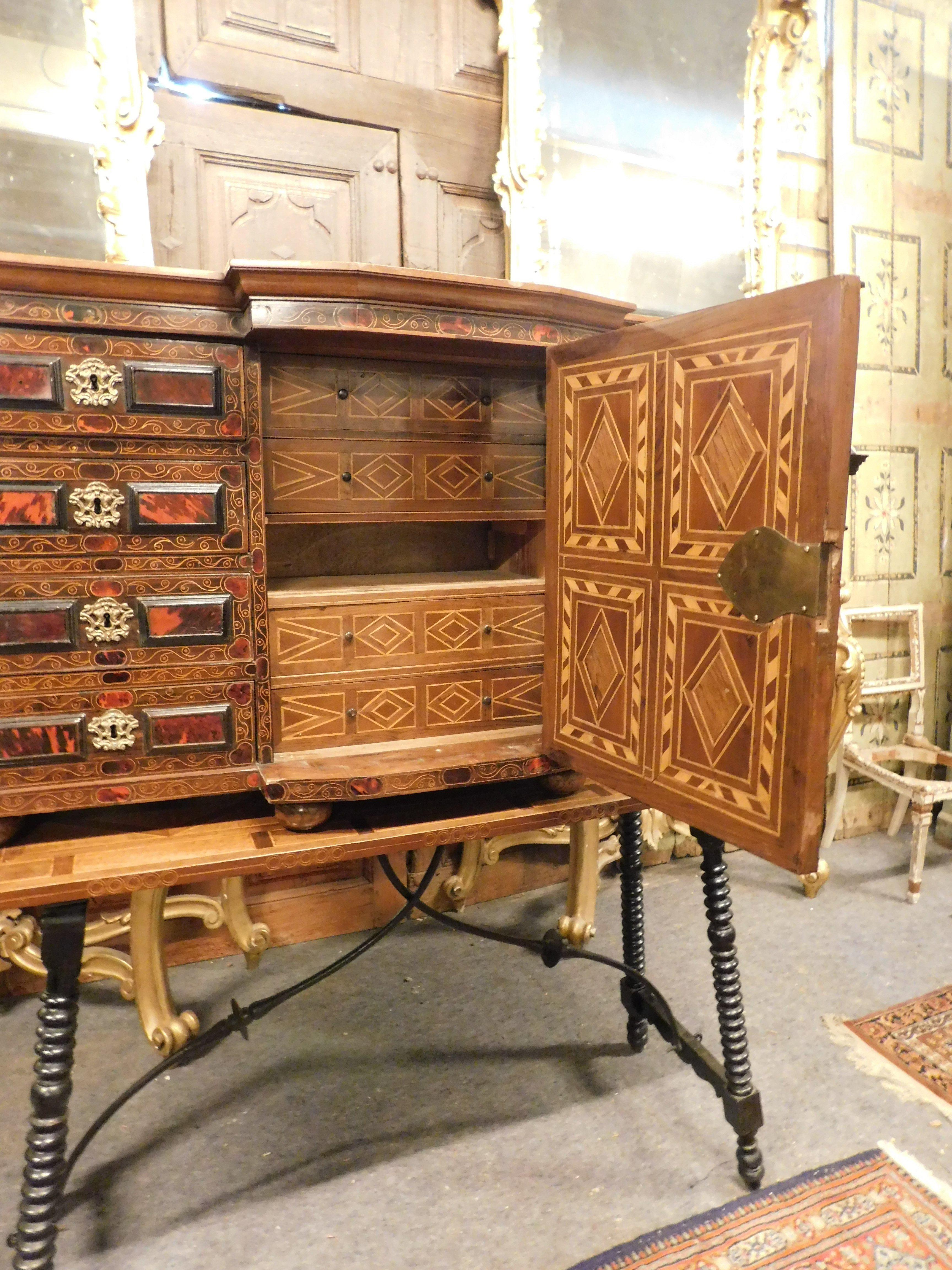 Antique Coin cabinet with table, inlaid wood and gilded bronze, '700, Spain 1