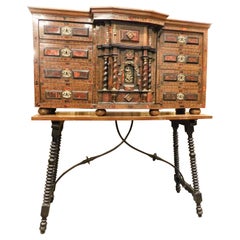 Antique Coin cabinet with table, inlaid wood and gilded bronze, '700, Spain