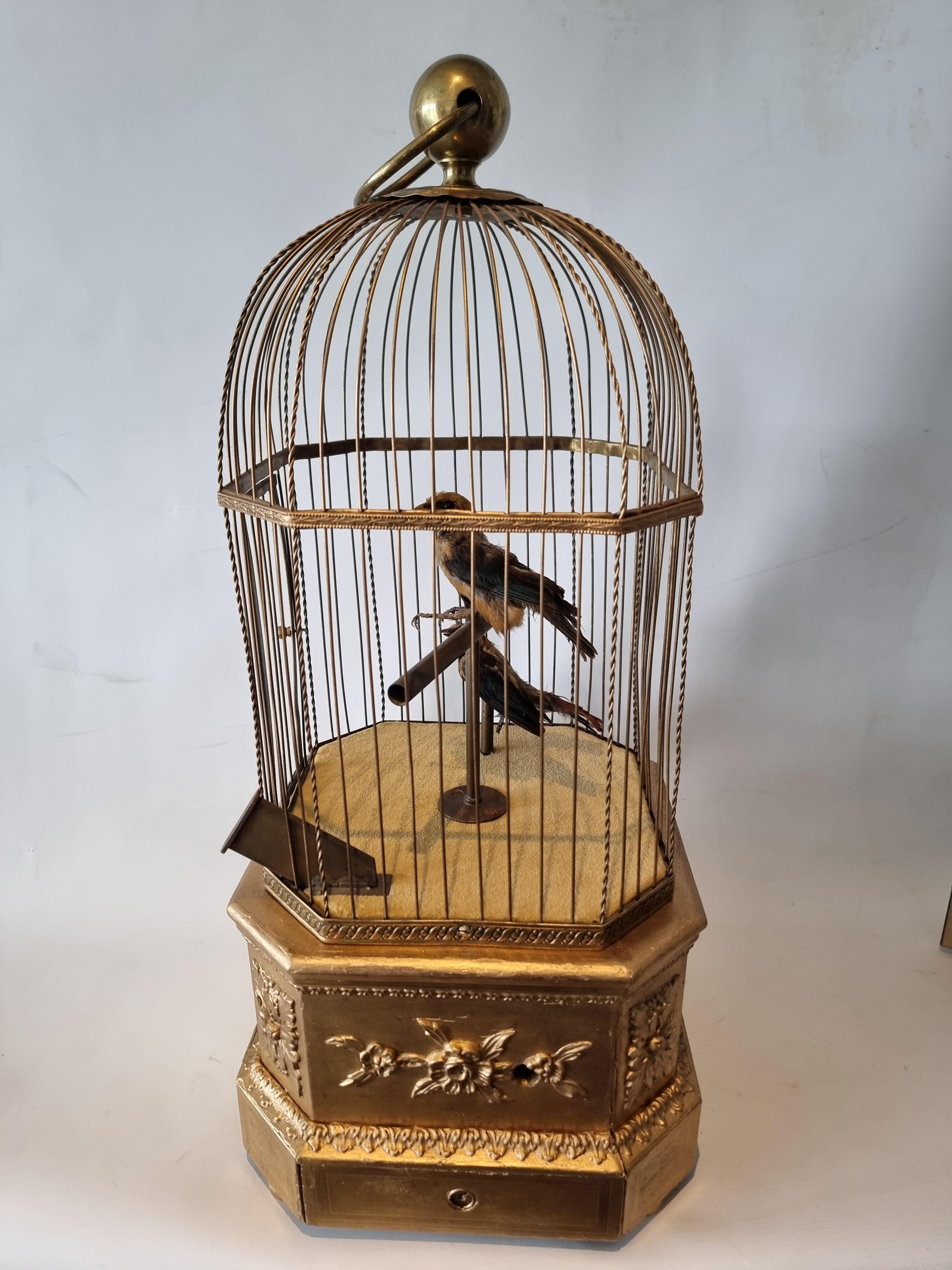 An antique coin-operated large double singing birds-in-cage, by Bontems,
 
French
 
circa 1900
 
Spend a penny in style
 
When wound and a 1d. coin inserted into the gilt metal chute to the front, the two full taxidermy birds spring to life, taking