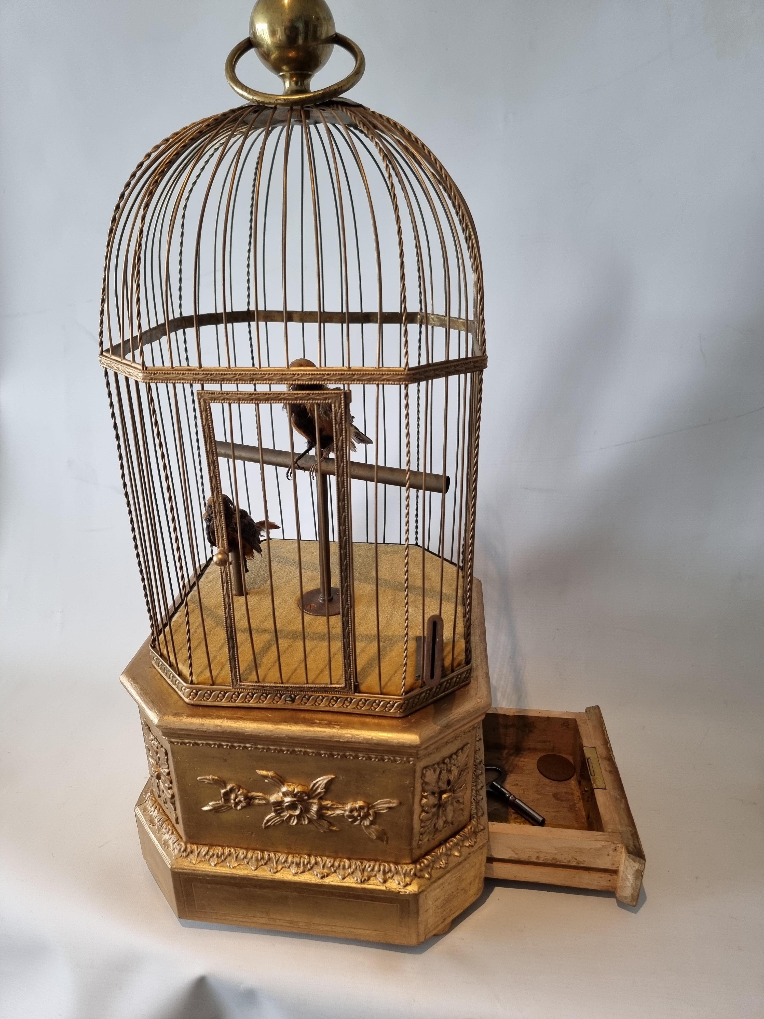 Early 19th Century Antique coin-operated large double singing birds-in-cage, by Bontems For Sale