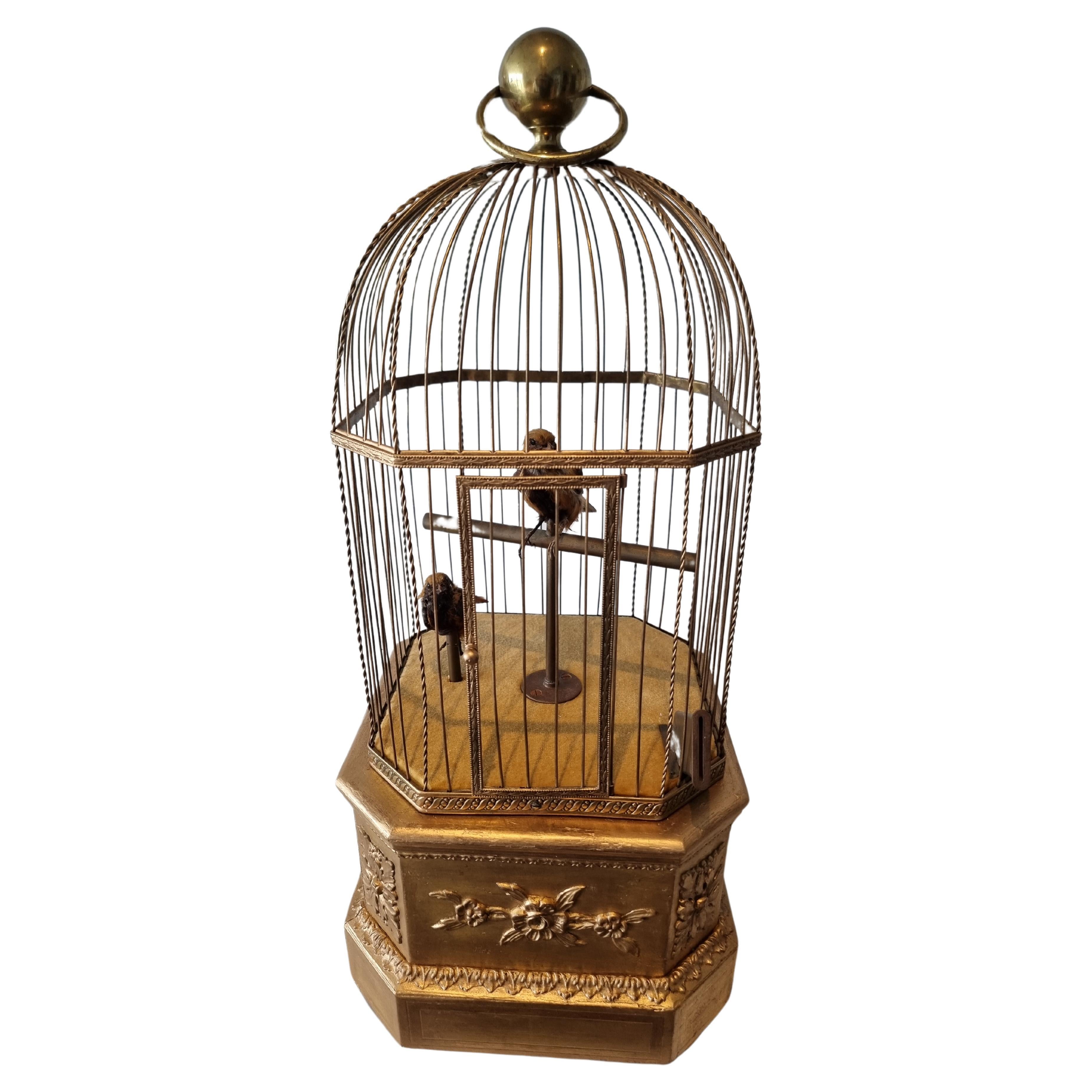 Antike, in Münz betriebene, große, doppelt singende Vögel im Käfig, von Bontems