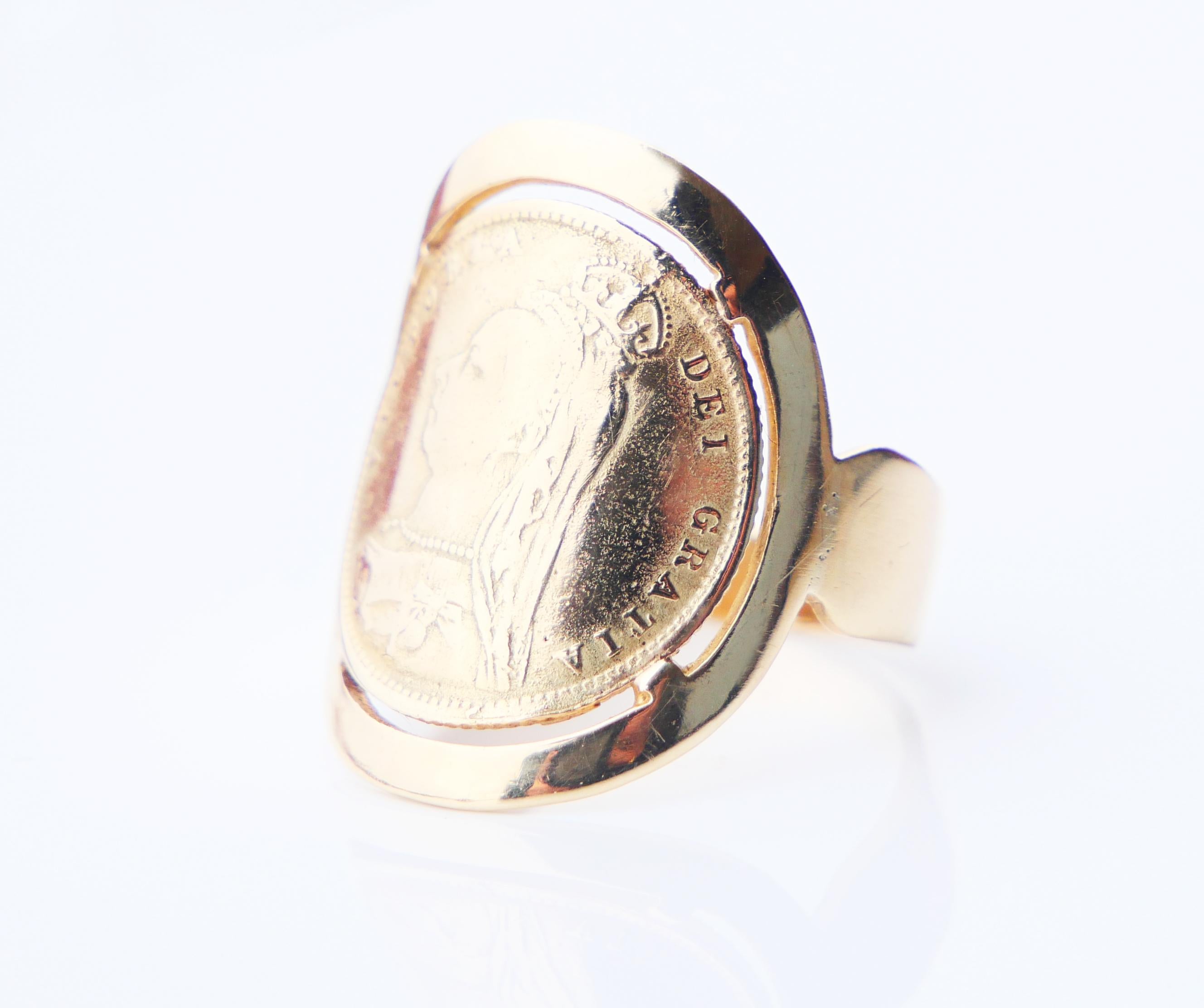 Antique Coin Ring British Victorian Sovereign solid 14K Gold Ø8.5/ US7gr For Sale 6
